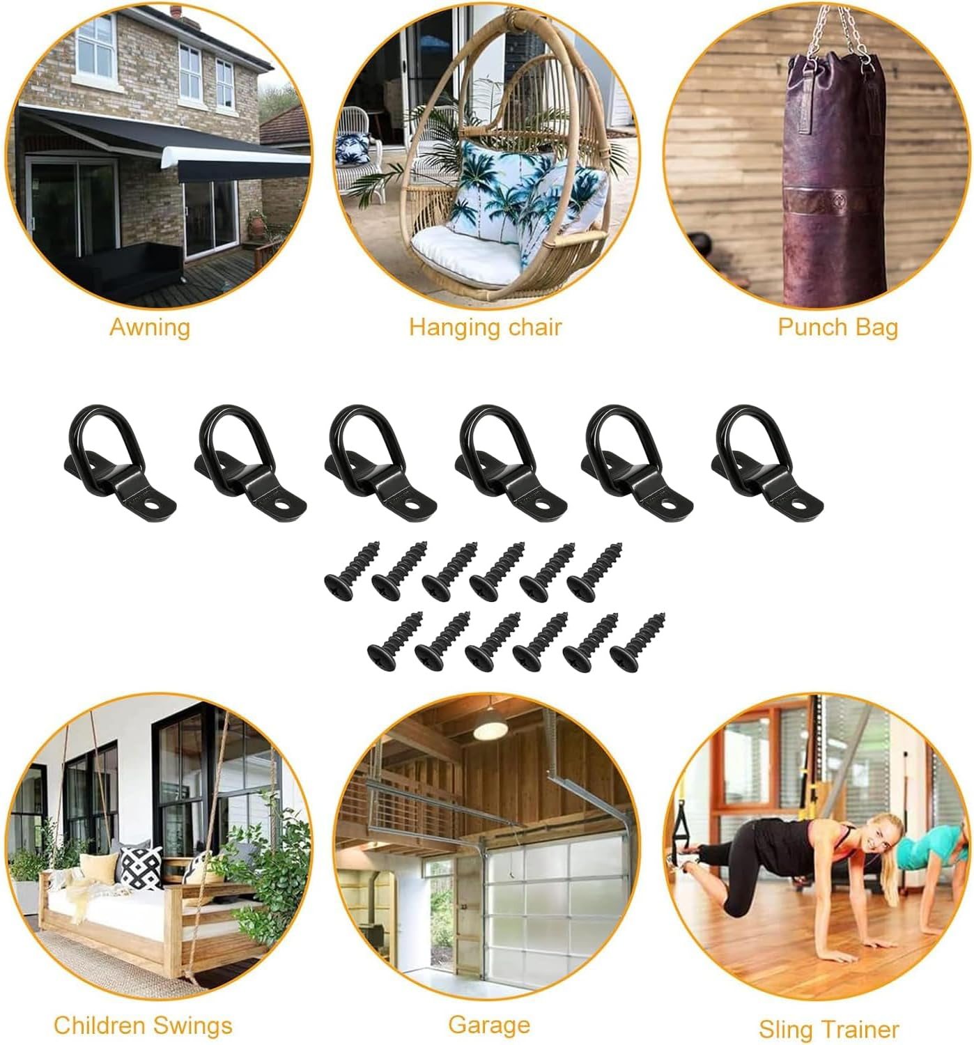 Xinghonyac 6 Pcs Heavy Duty Steel D Rings Tie down Anchors, 1/4" D Lashing Ring Cargo Tie down Anchors, 2400 Pound Capacity D Rings Heavy Duty Trailer Tie Downs for Trucks RV Camper Van Boats