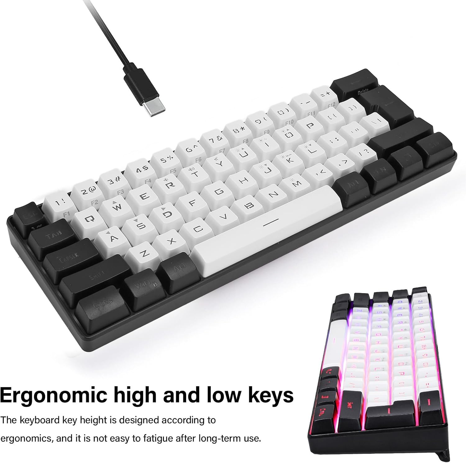 Mini RGB Keyboard, LED Backlight Mechanical Feeling Wired Gaming Keyboard with Multiple RGB Lighting and Stand, Ergonomic Design(Black and White) (White) image number 5