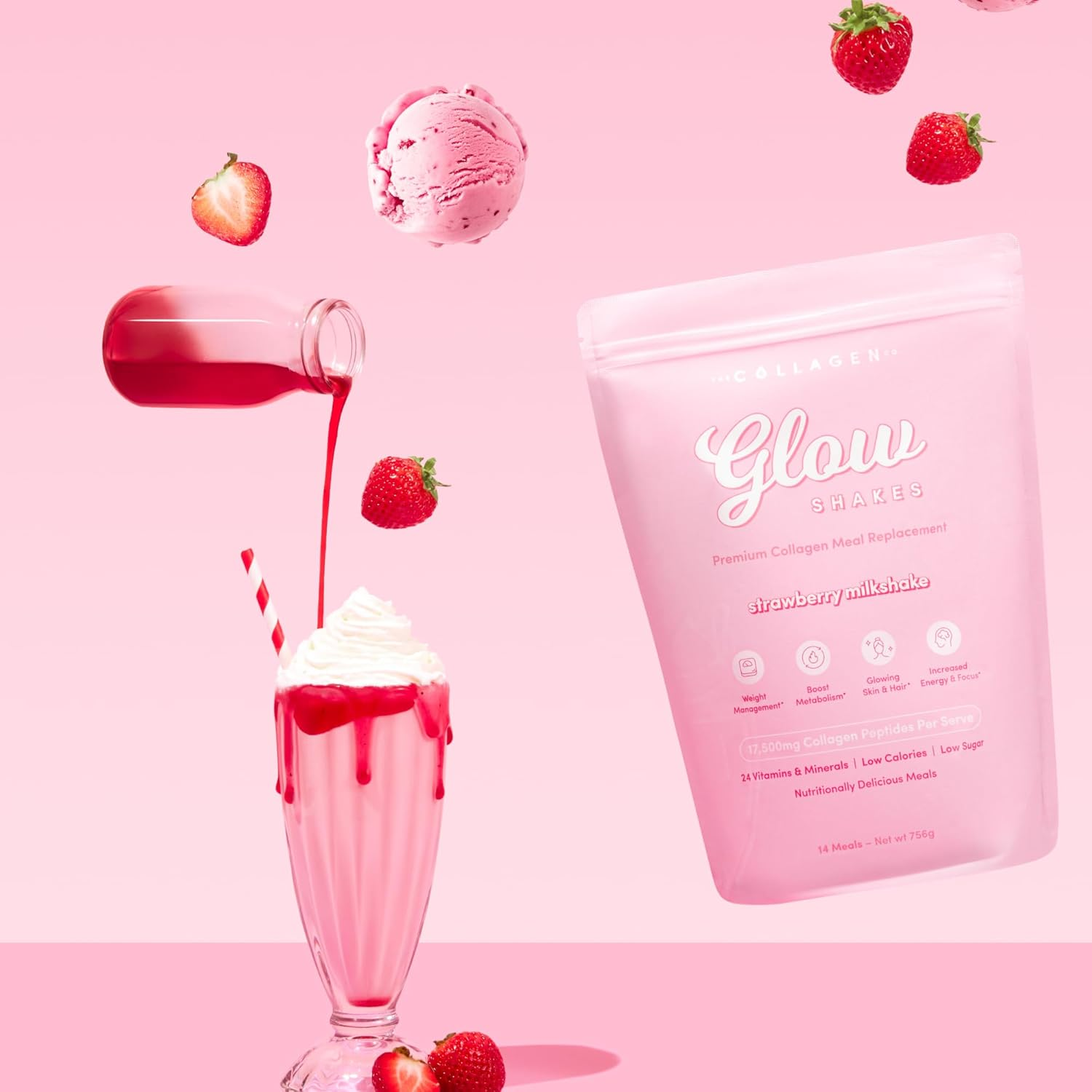 The Collagen Co. Glow Shakes Collagen Meal Replacement - High Protein, Keto-Friendly Shake with Hydrolyzed Collagen Peptides, MCT Oil, and 24 Essential Vitamins & Minerals (756 Grams, Strawberry) image number 6