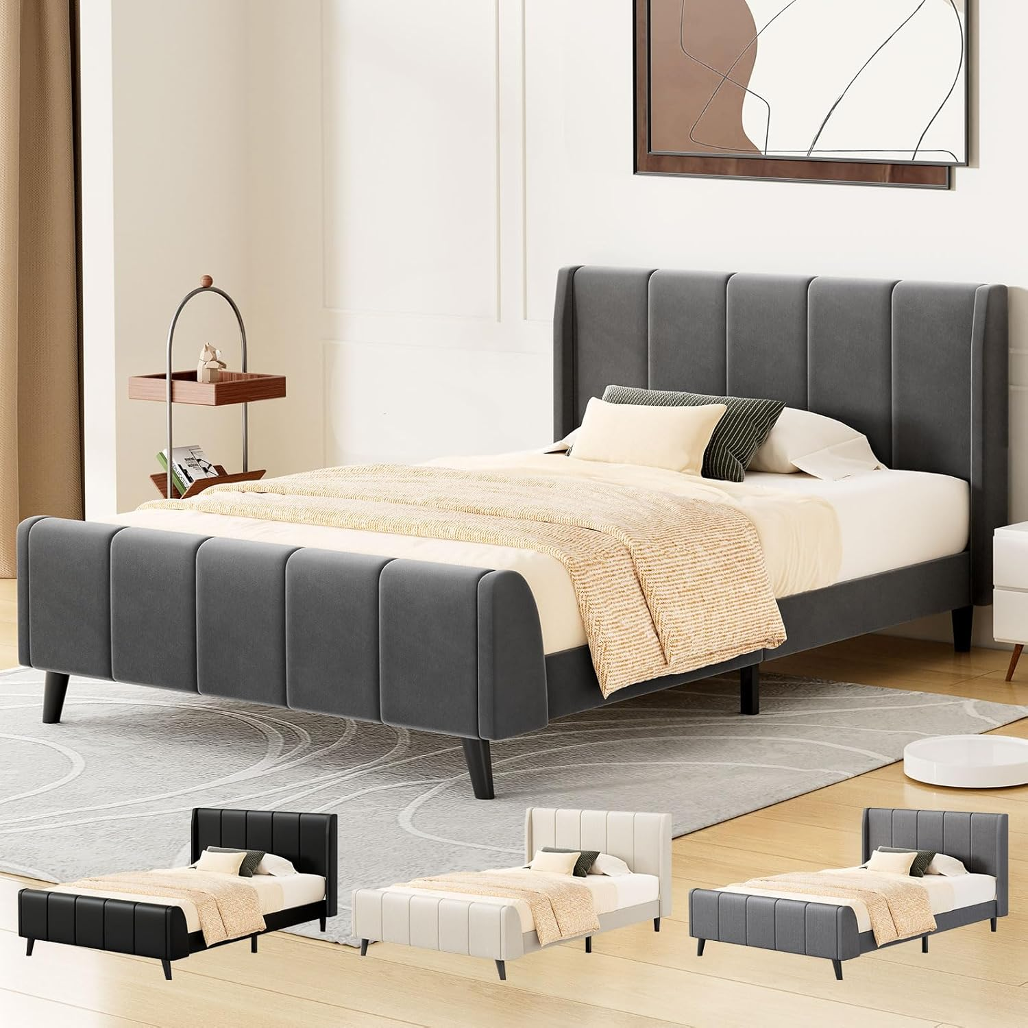 ALFORDSON Bed Frame Base Single Size with Headboard, Bed Platform Foundation with Velvet Fabric Upholstered for Mattress Topper, HUNDOLF Series Velvet Grey image number 4