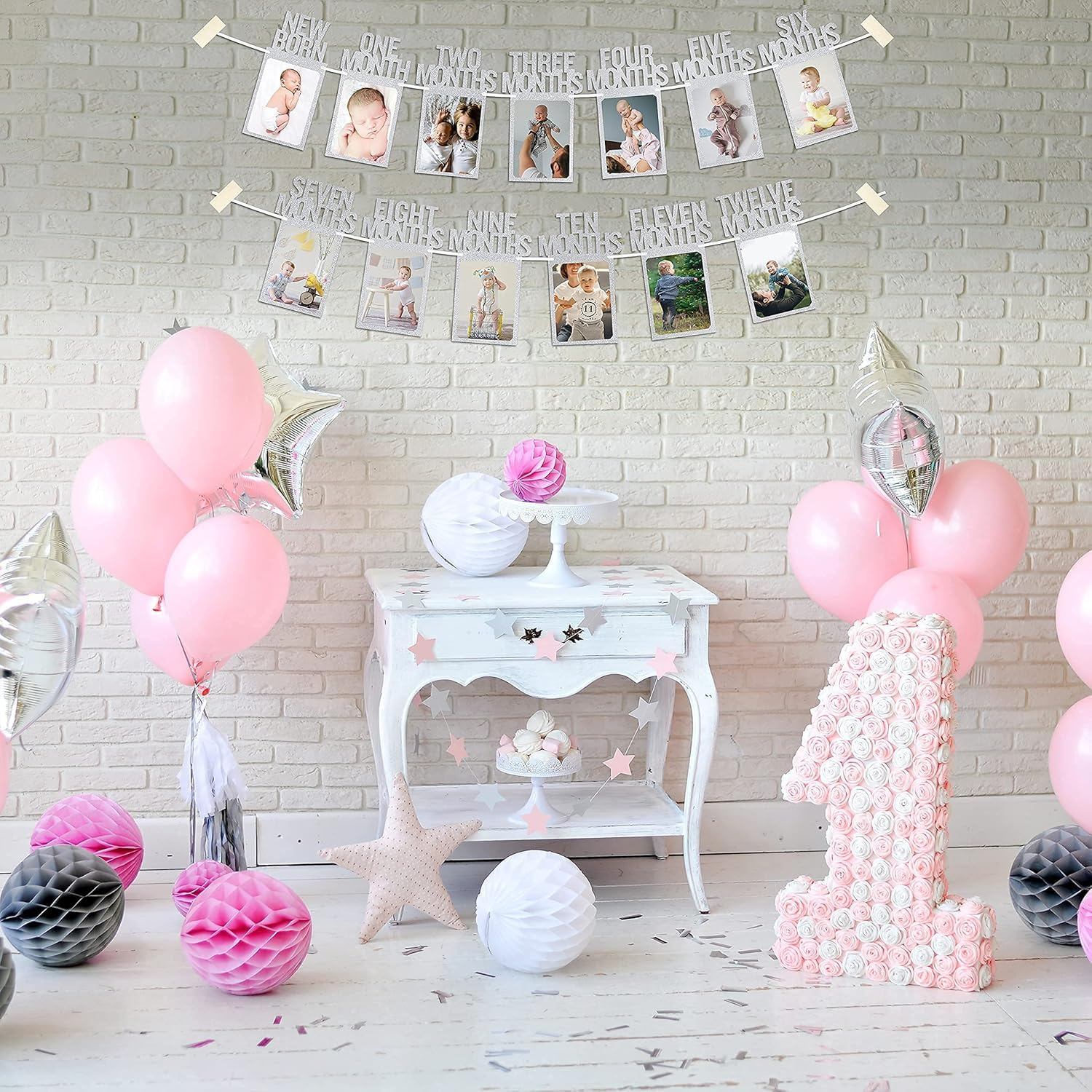 1St Birthday Photo Banner for Baby from Newborn to 12 Months, First Birthday Decorations Boy or Girl Monthly Milestones Garland | First Birthday Photo Banner Pre-Strung with Frame (Silver1)