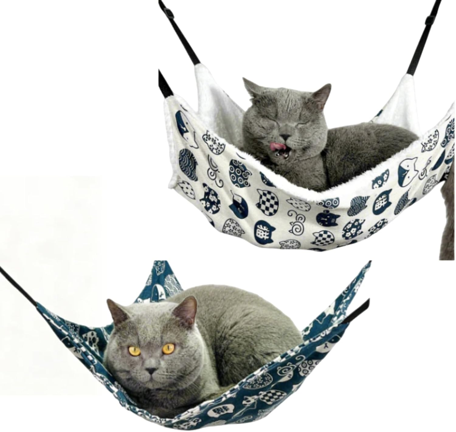 CKONXE Cat Hammock for Cage Hanging Reversible 2Pack, 35 X 50 Cm, Navy Cat Pattern,With Adjustable Straps and Metal Hooks，Soft Double-Sided Hammock Suitable for Cats, Puppy, Ferrets, and Small Animals