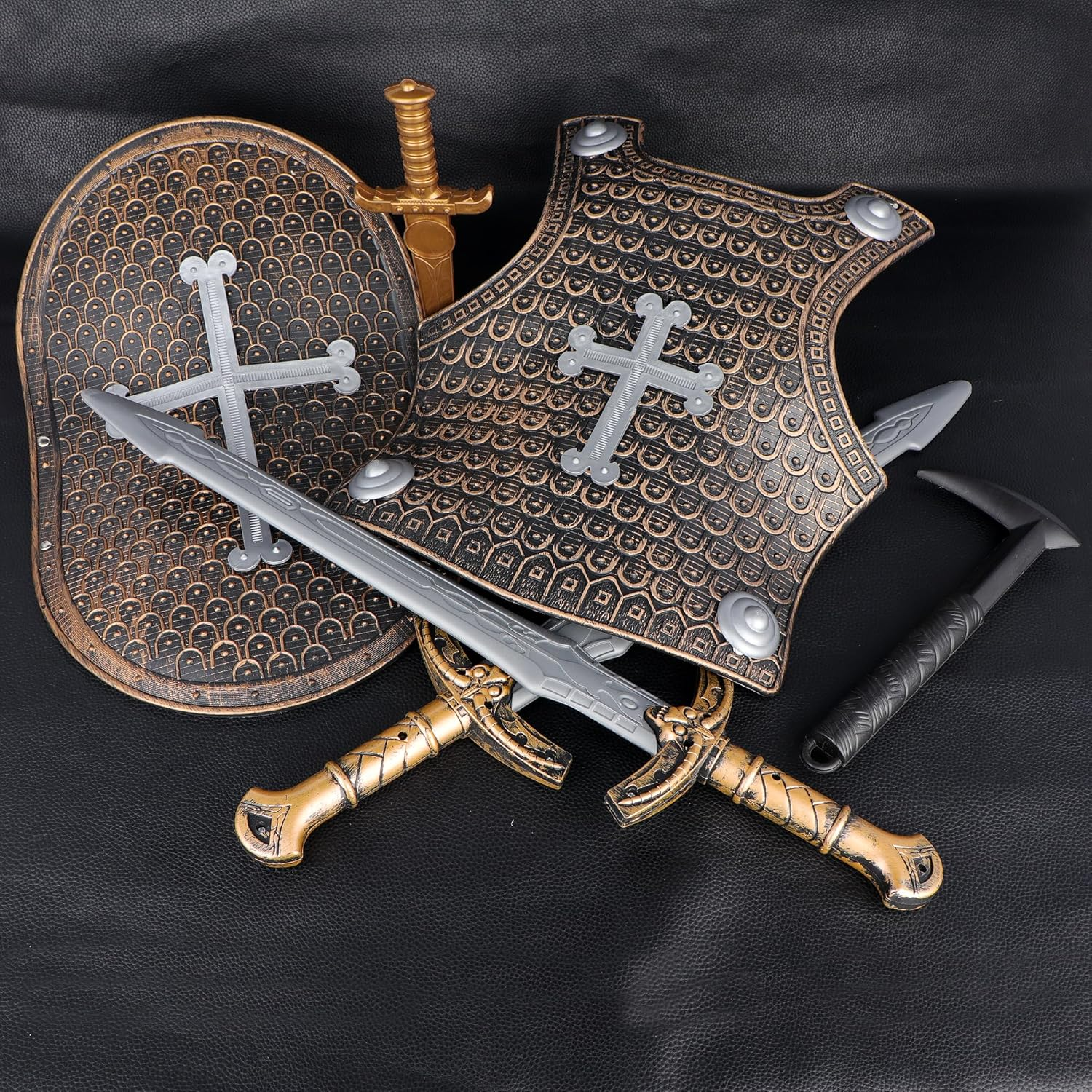 Crusaders Medieval Knight Armor Props Set Bronze-Colored Chest Plate Shield Swords for Dress up Cosplay, Brown image number 6