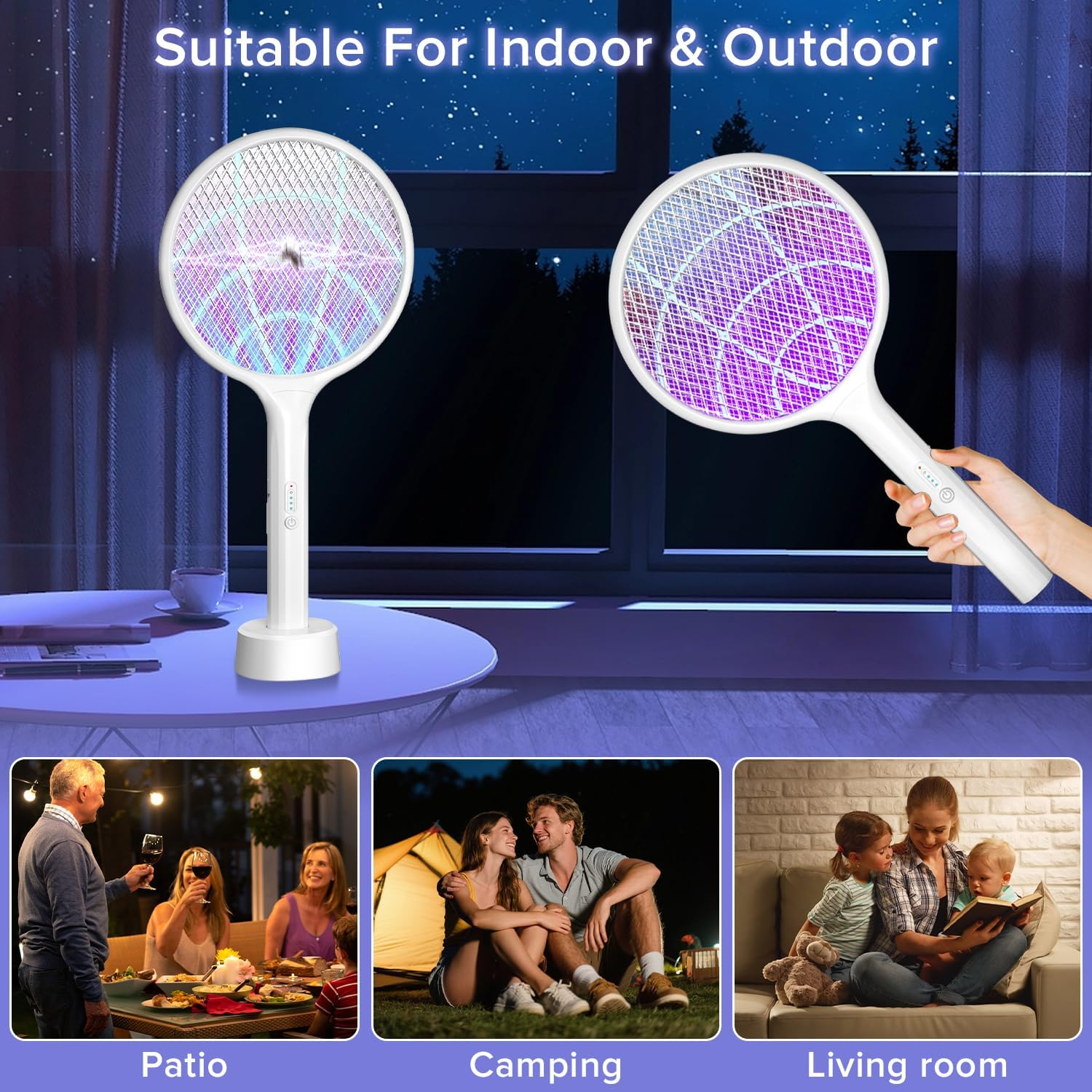 2000Mah Electric Fly Swatter, Yakiter 4000V Bug Zapper Racket with USB Rechargeable Base, 3-Layer Safety Mesh, 2-In-1 Powerful Mosquitoes Killer Lamp & Fly Killer for Indoor Outdoor (White) image number 4