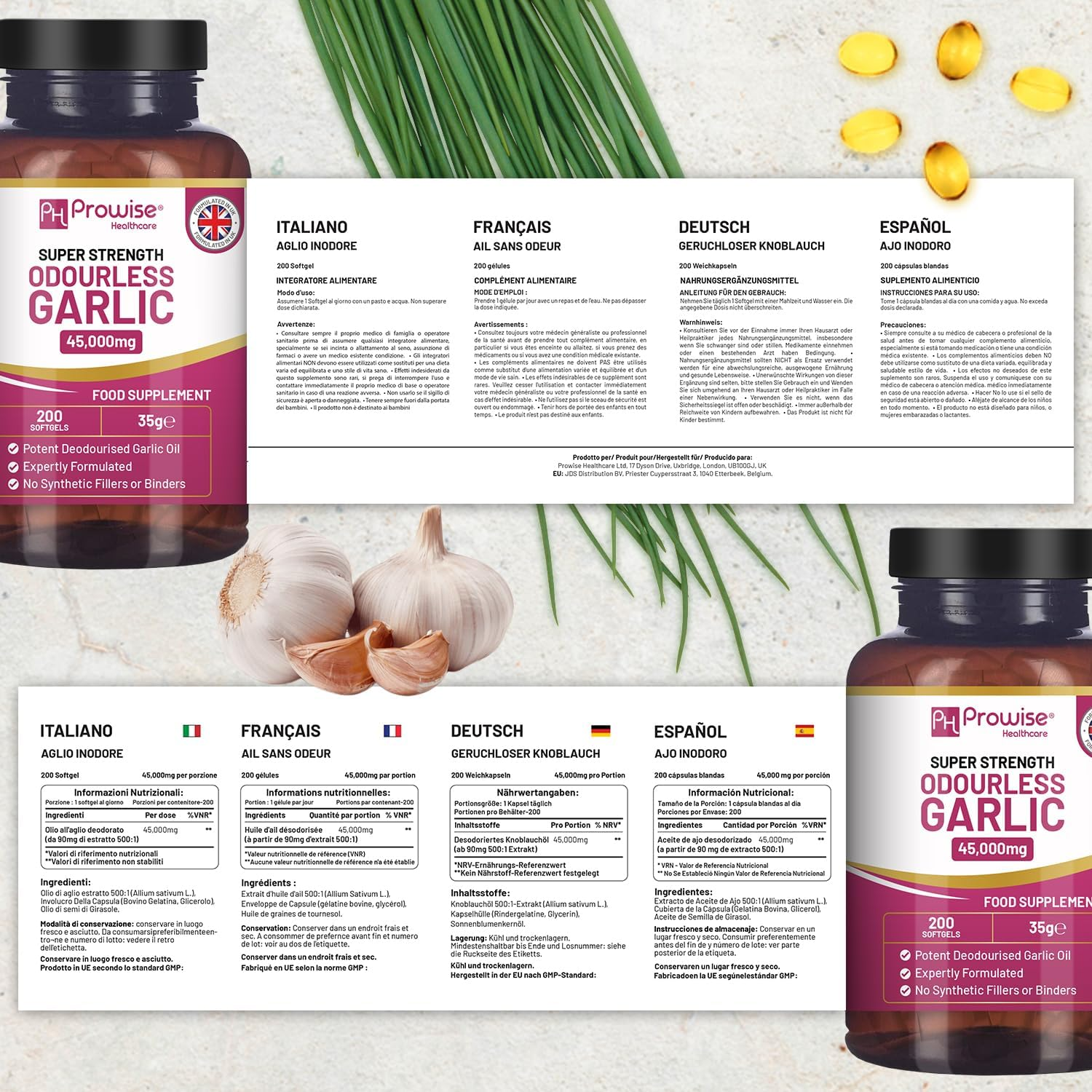 Premium Odourless Garlic Capsules | 45,000Mg per Softgel | 200 Softgels (Not Tablets) Super High Strength | Cold Pressed and Deodourised Premium Garlic Oil Extract from Allium Sativum | 200 Days&rsquo; Supply by Prowise image number 1