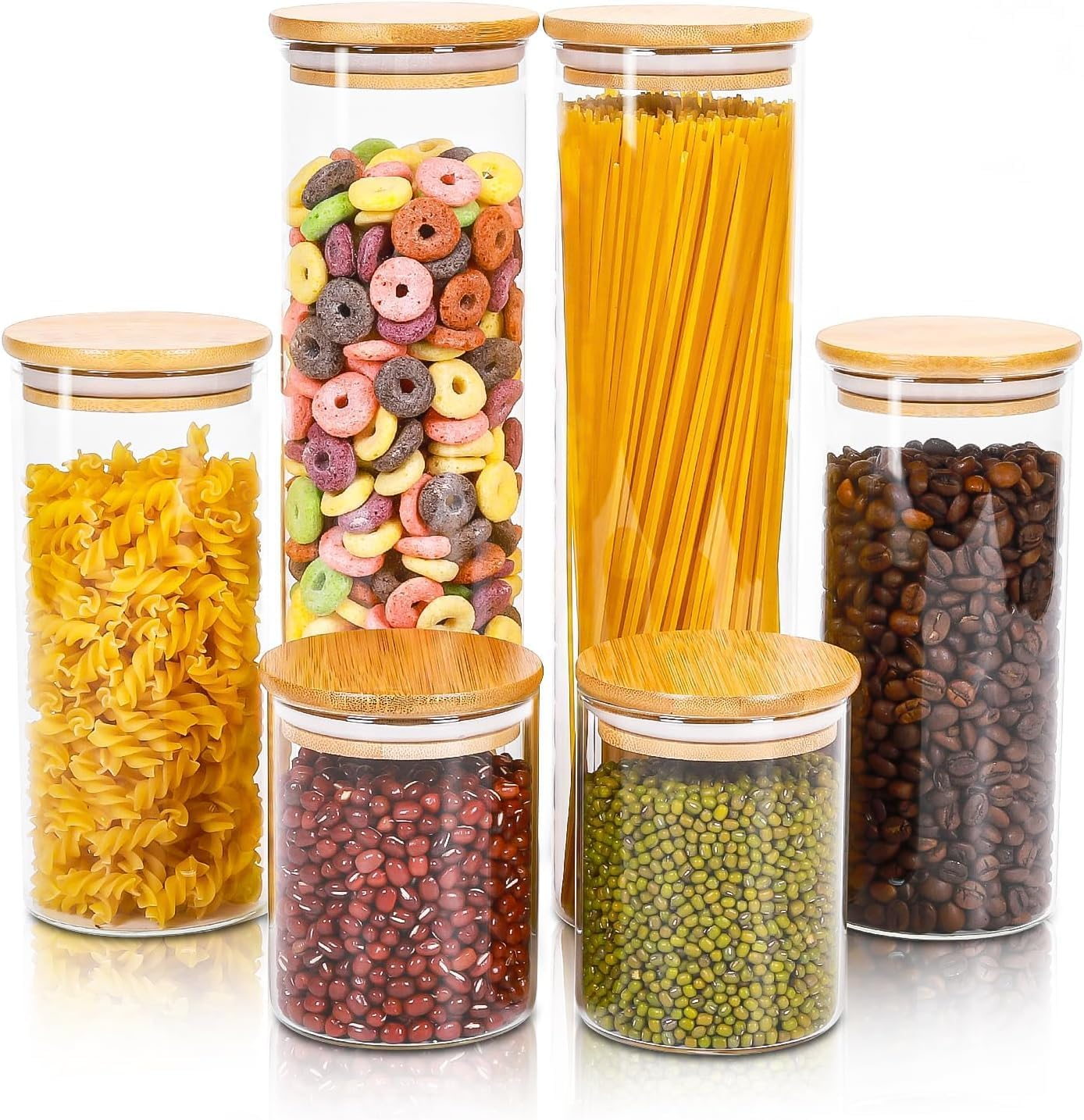 6 Pack Airtight Glass Storage Canister with Bamboo Lid (18.6Oz/43.9Oz/67.6Oz), Glass Food Storage Containers for Pasta, Oats, Coffee, Flour, Sugar, Rice, Spice, Best for Kitchen & Pantry image number 5
