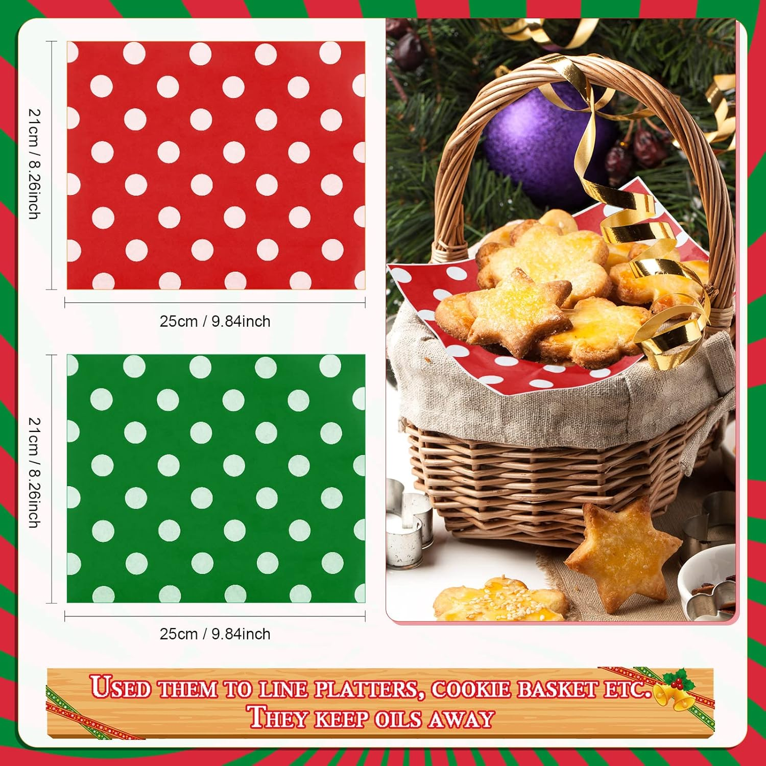 250 Sheets Christmas Wax Paper Sheets for Food Sandwich Wrapping Paper Wax Paper Cookie Food Liners Colored Candy Wax Baking Grease Proof Holiday Wrapping Papers for Christmas image number 3