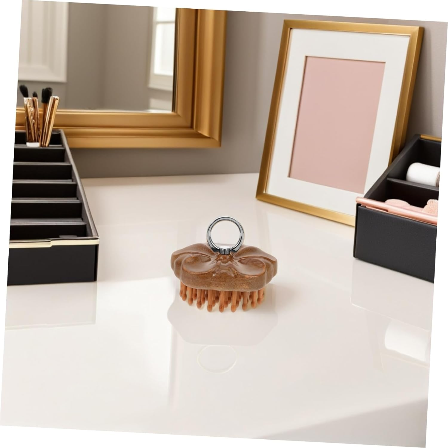 BAZEITFLOW 2Pcs Ergonomic Wooden Scalp Massage Brush with Ring Handle Fine Teeth Comb for Meridian Acupoint Stimulation Dandruff Removal Relaxation and Sleep Improvement for Home Use image number 4