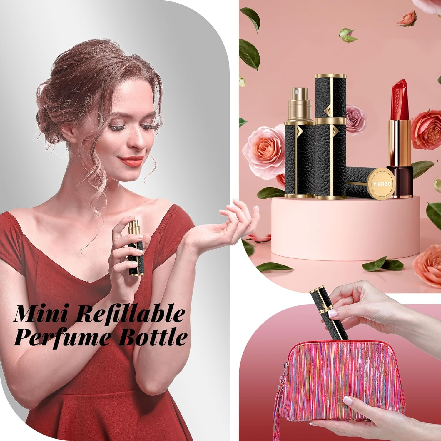 YIERSO Perfume Travel Refillable Bottle,Genuine Leather Bottom-Filling Fragrances Perfume Atomizer,Mini Cologne Dispenser,Portable Sprayer Pocket Size for Cruise Car Trip Purse Gift 5Ml (Black) image number 1