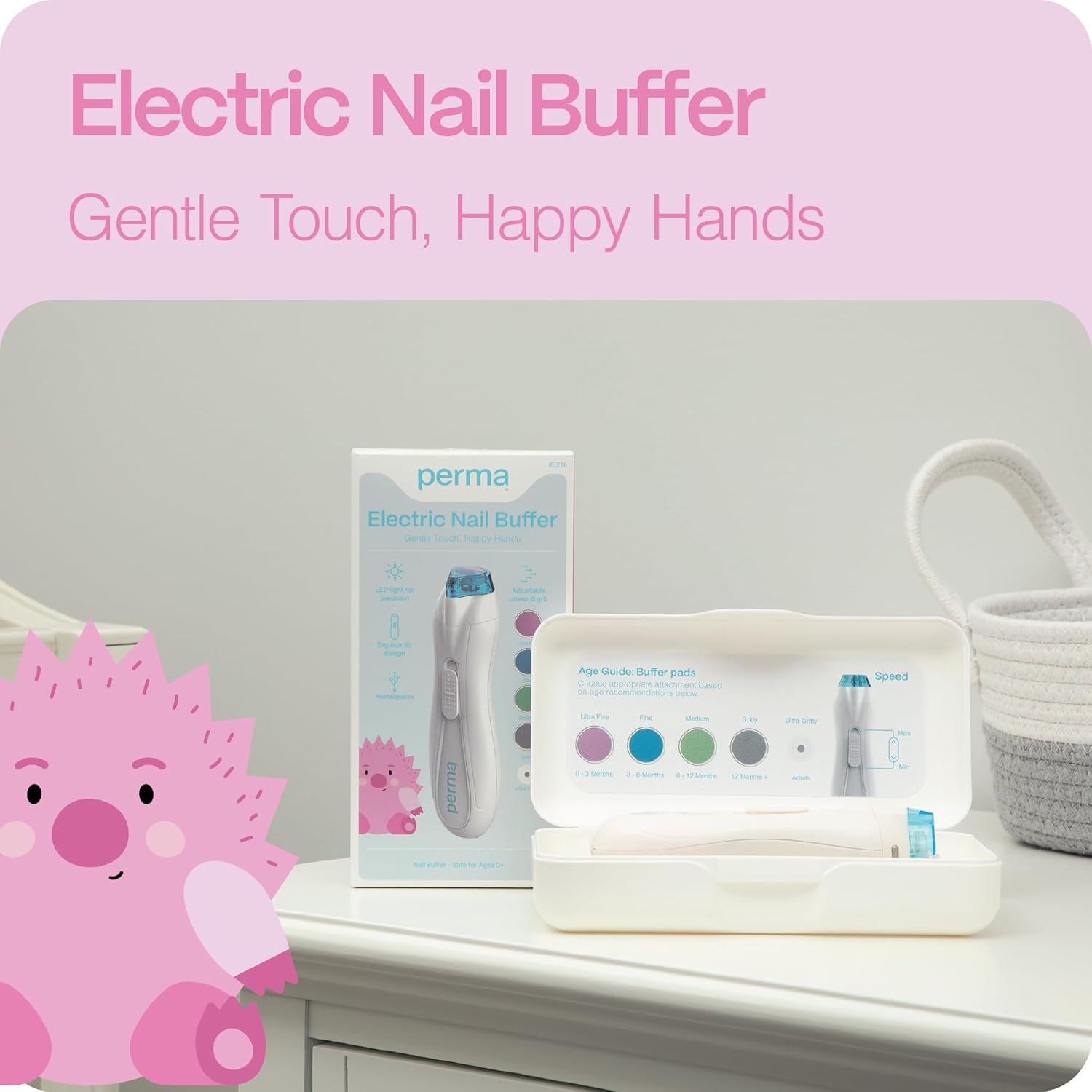 Perma Electric Baby Nail Buffer, Gentle Filing Heads for Newborns to Toddlers, Quiet Adjustable Speeds, Ergonomic Grip, Safe Nail Smoothing, Includes Compact Storage Case image number 5