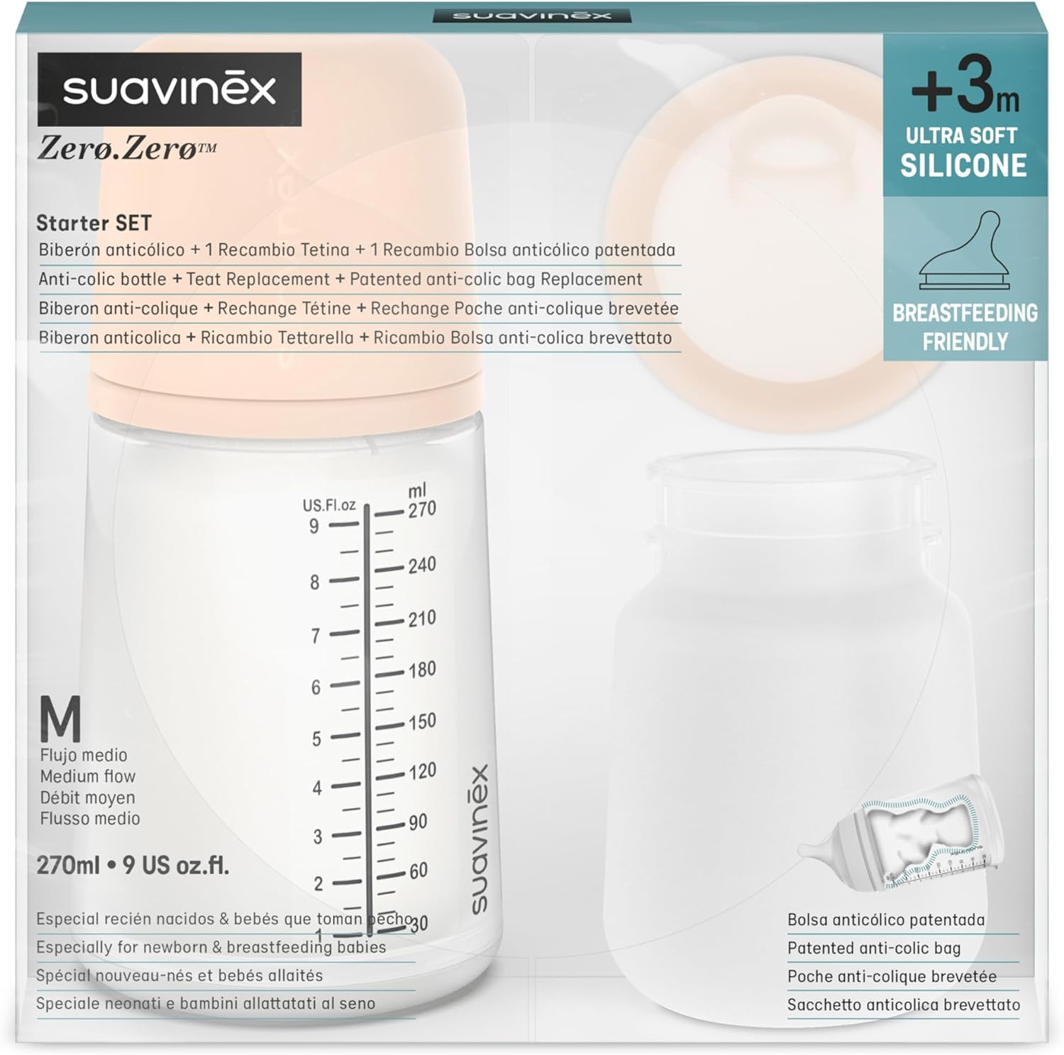Suavinex Zero Zero Medium Flow Anti-Colic Bottle Pack 270Ml Bottle with Medium Flow Teat and Replacement for Babies 3 Months+ image number 5