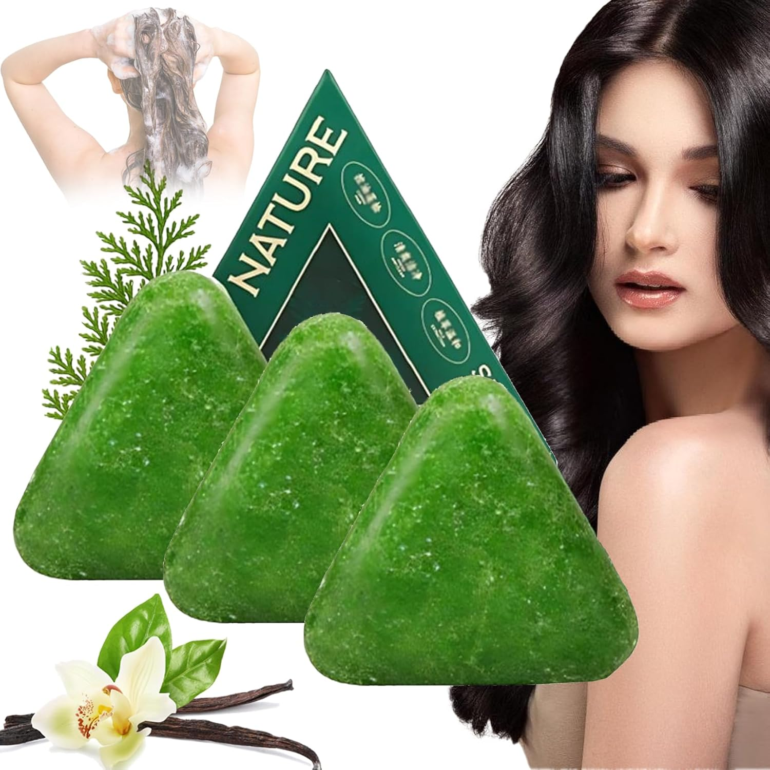 Nature Triangle Shampoo Bar, Usman Grass Shampoo Bar, Nature Seven Green Soap Shampoos, Calming & Strengthens Hair for Women and Mens, Natural Herbal Hair Care 4.23 Oz (3PCS)