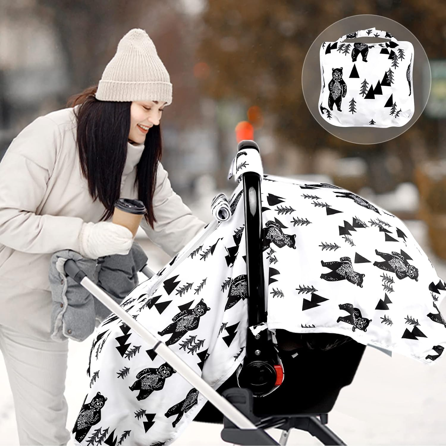 Baby Carseat Cover Boys, Newborn Car Seat Canopy, Minky Cozy & Warm Cover, Winter Carrier Cover with Peep Windows, Soft & Breathable, Bear Stuff image number 3