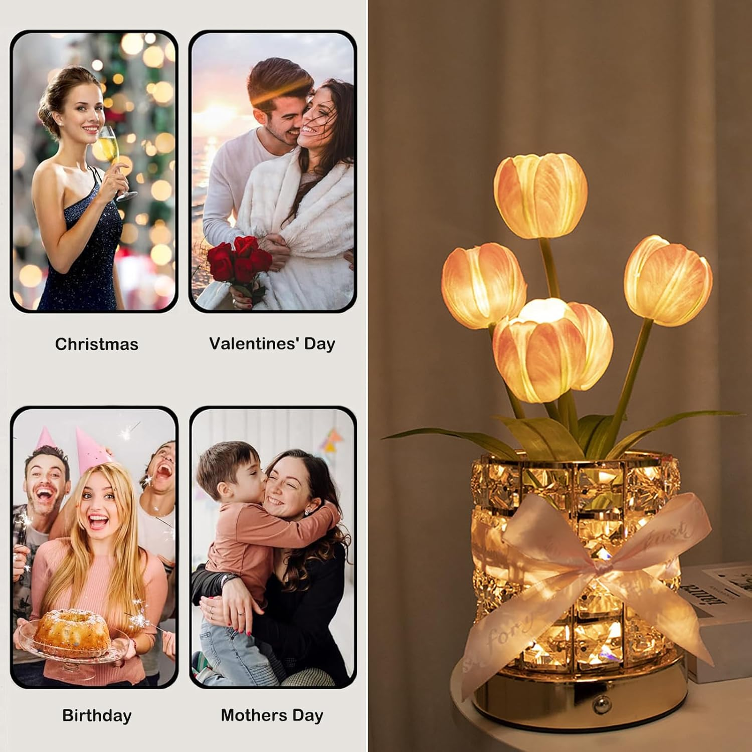 Tulip Crystal Flower Lamps, USB Rechargeable Cordless Lamps, 3 Colors Dimmable Artificial Flowers Light, for Home Date Party Decoration (Tulip Pink) image number 5