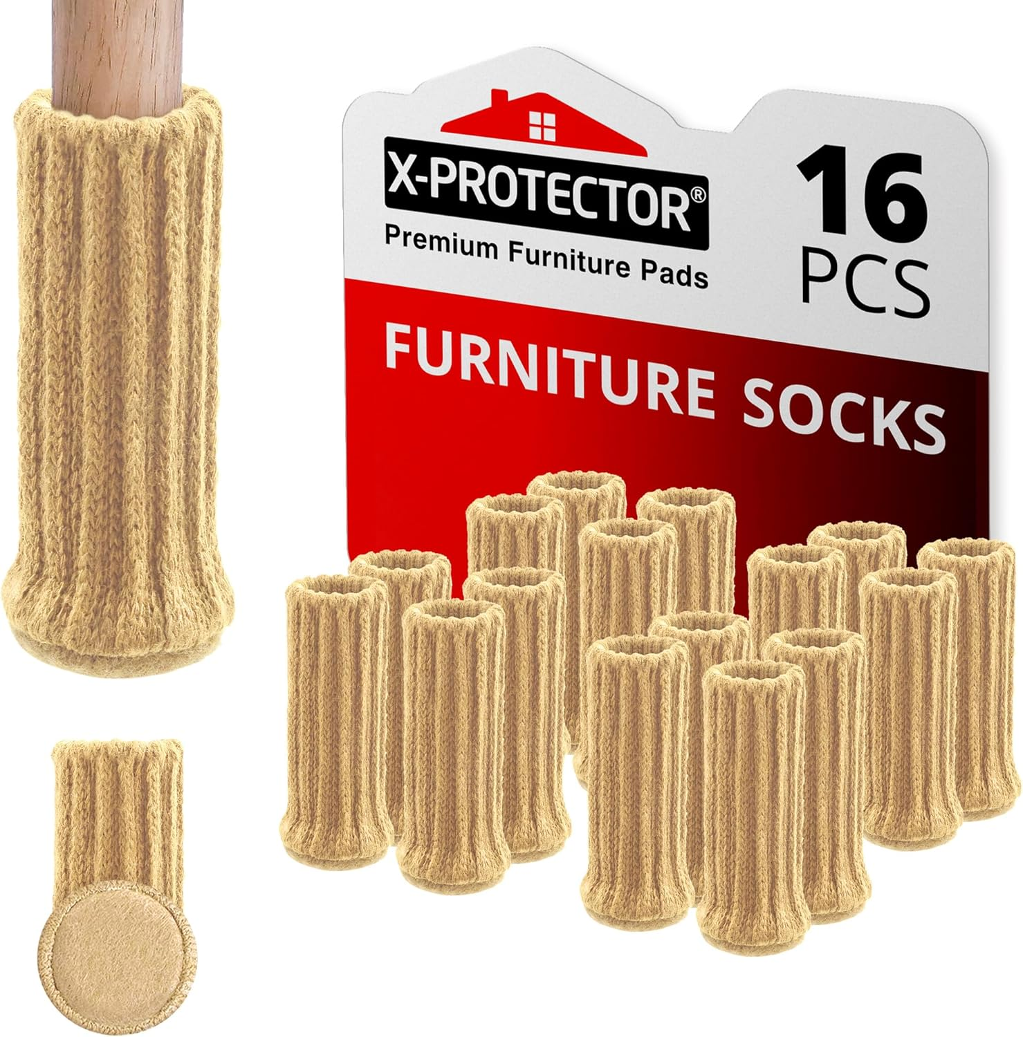 Chair Leg Socks X-PROTECTOR &ndash; 16 PCS Furniture Socks &ndash; Chair Covers for Legs 25-50 Mm - Chair Leg Floor Protectors &ndash; Beige Hardwood Floor Protectors &ndash; Knitted Chair Feet Socks &ndash; Shape Doesn'T Matter! image number 2