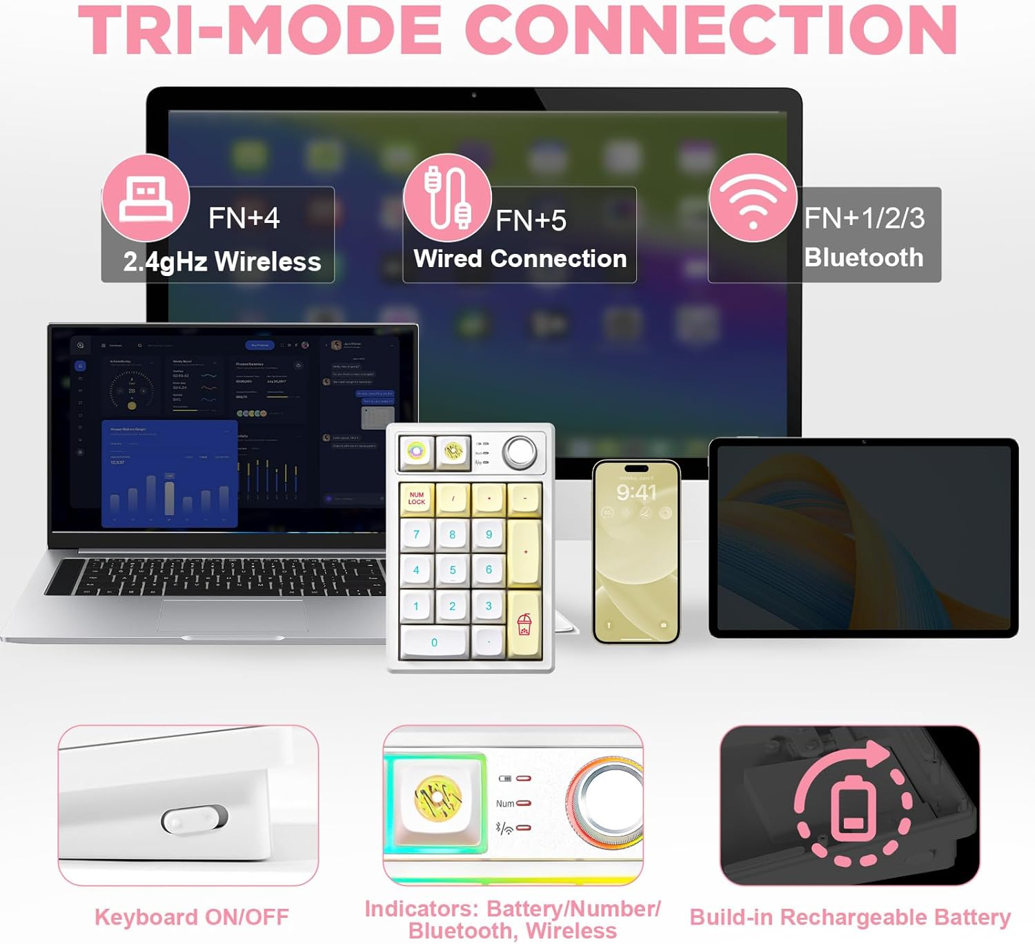 YUNZII YZ19 Wireless Mechanical Number Pad,19 Keys Numeric Keypad with Knob, RGB Gasket PBT Keycaps Hot Swappable Programmable Keyboard, Number Keypad for Laptop/Tablet/Pc/Mac/Win (Macaron Brown) image number 3