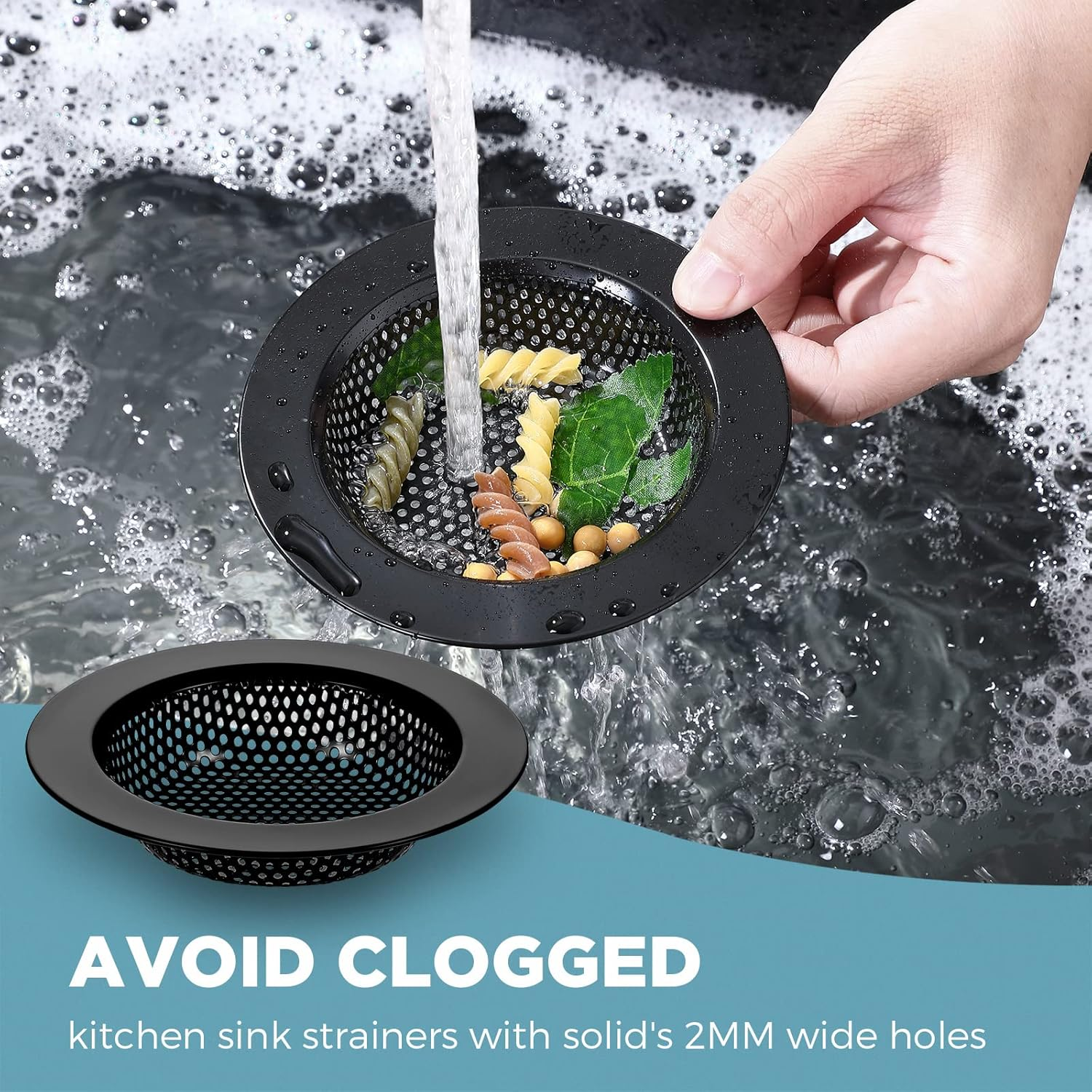 Mudder 3 Pcs Kitchen Sink Drain Strainer and Stopper Stainless Steel Garbage Disposal Plug with Handle Universal Anti-Clogging Kitchen Sink Filter Sieve Basket Strainer(Black) image number 3