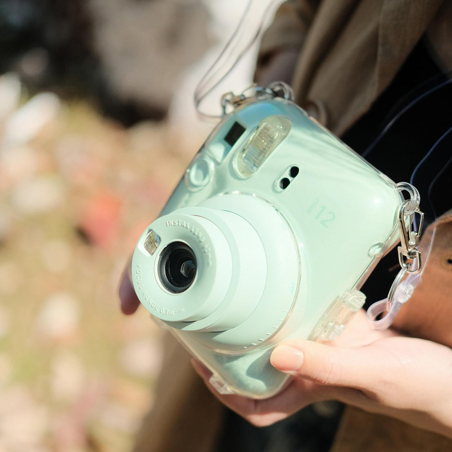 Rieibi Clear Case Compatible with Fuji Instax Mini 12, Hard Carrying Case Bag for Fujifilm Instax Mini 12 Instant Camera, PC Cover with Photo Storage Pocket & Shoulder Strap - Bundle Green image number 2