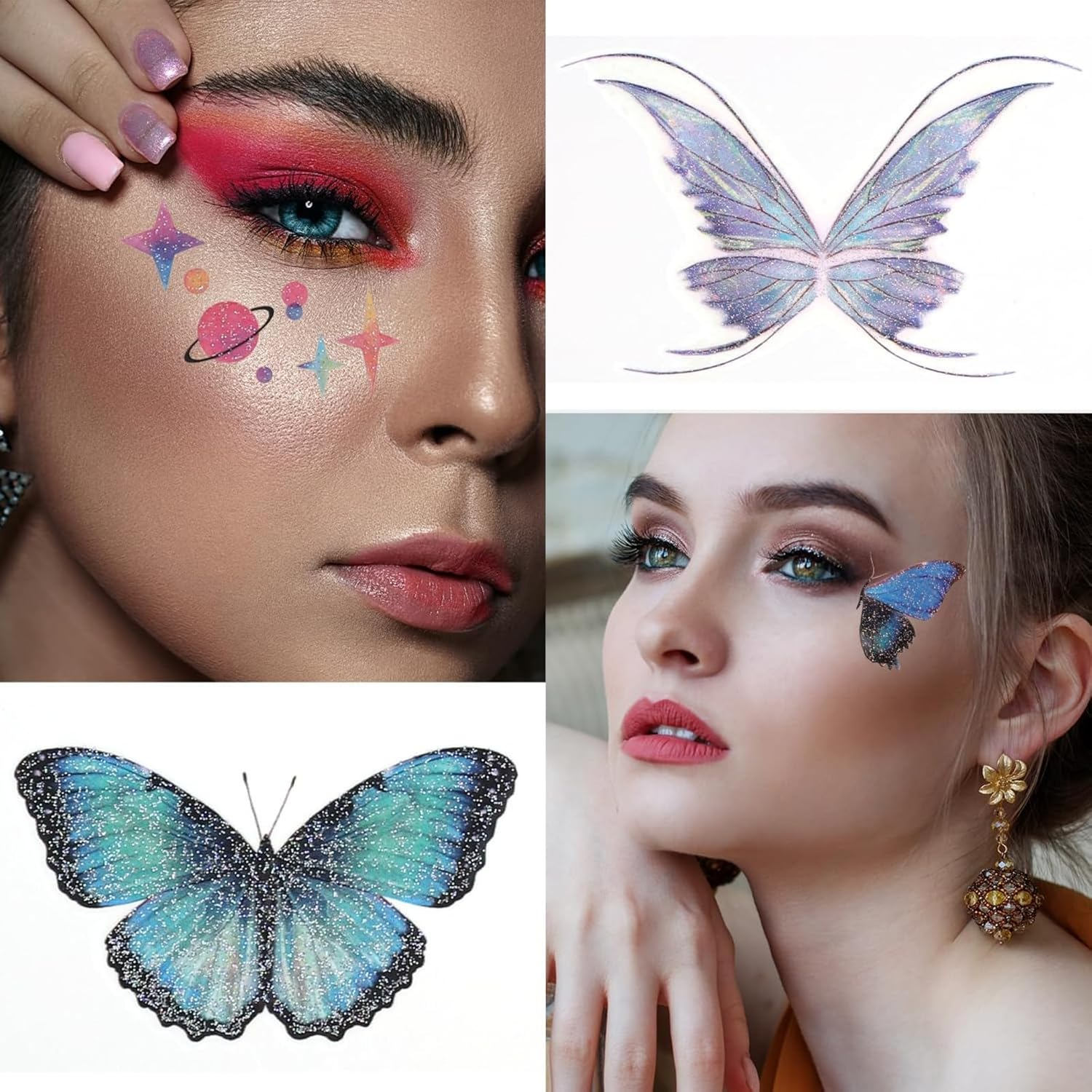 ITADAKU 14 Sheets Glitter Butterfly Tattoos Temporary Stickers Waterproof Butterfly Face Tattoo Glitter Fairy Wings Makeup Fake Tattoos for Girls Fairy Princess Party Birthday Party Favor Gifts image number 2