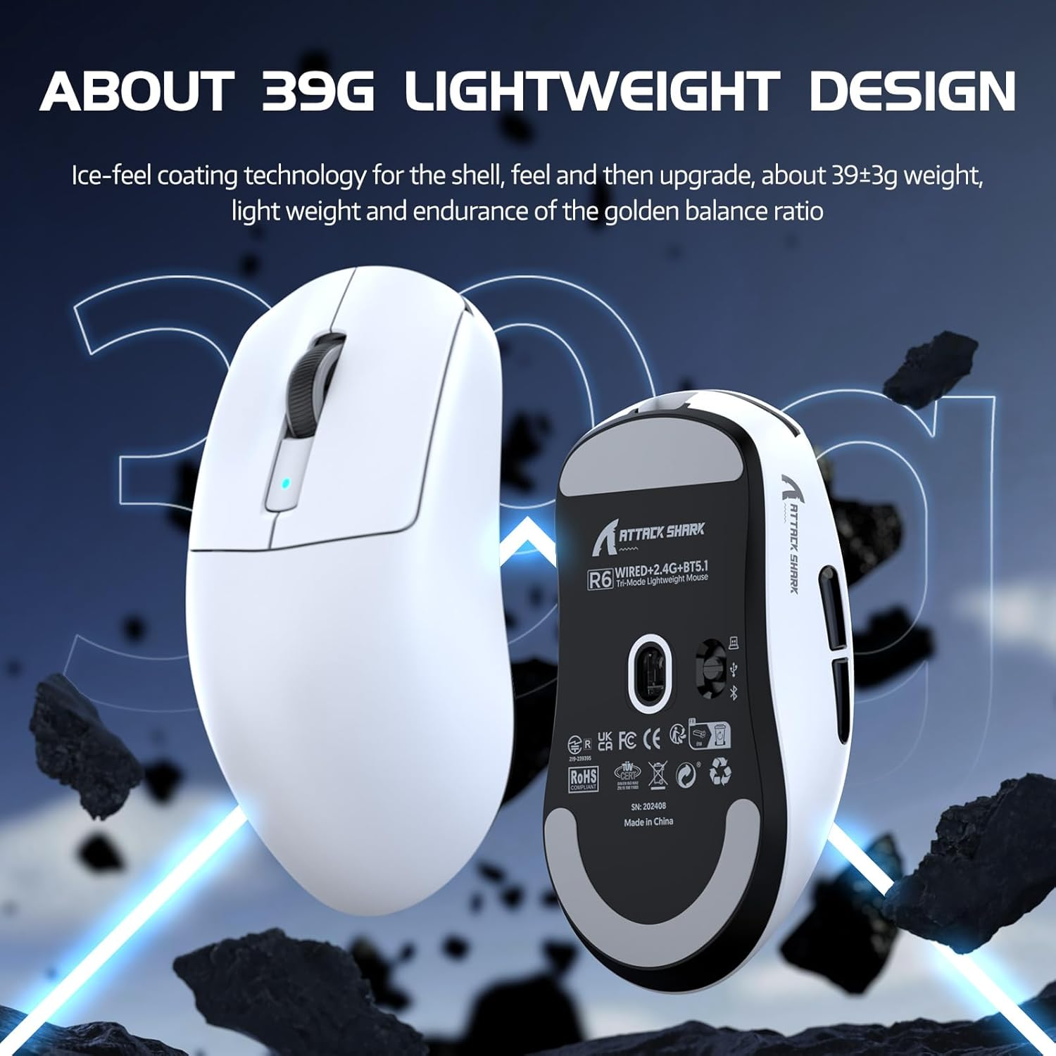 ATTACK SHARK R6 Wireless 8Khz Gaming Mouse, SUPERLIGHT 39G, Nordic 52840 MCU, Pixart PAW3950MAX Gaming Sensor, BT/2.4G /Wired, Adjustable DPI 42000, Optical Microswitches (100M Clicks), Pc/Mac (White) - Black image number 2