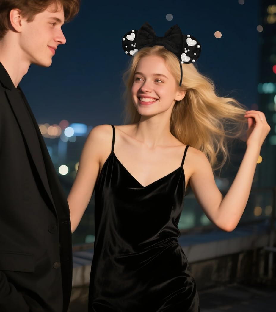 Bianbaistar Black Velvet Bow Mouse Ears Headband with Pearl Heart Accents - Elegant Hair Accessory for Parties, Dates & Special Occasions image number 3