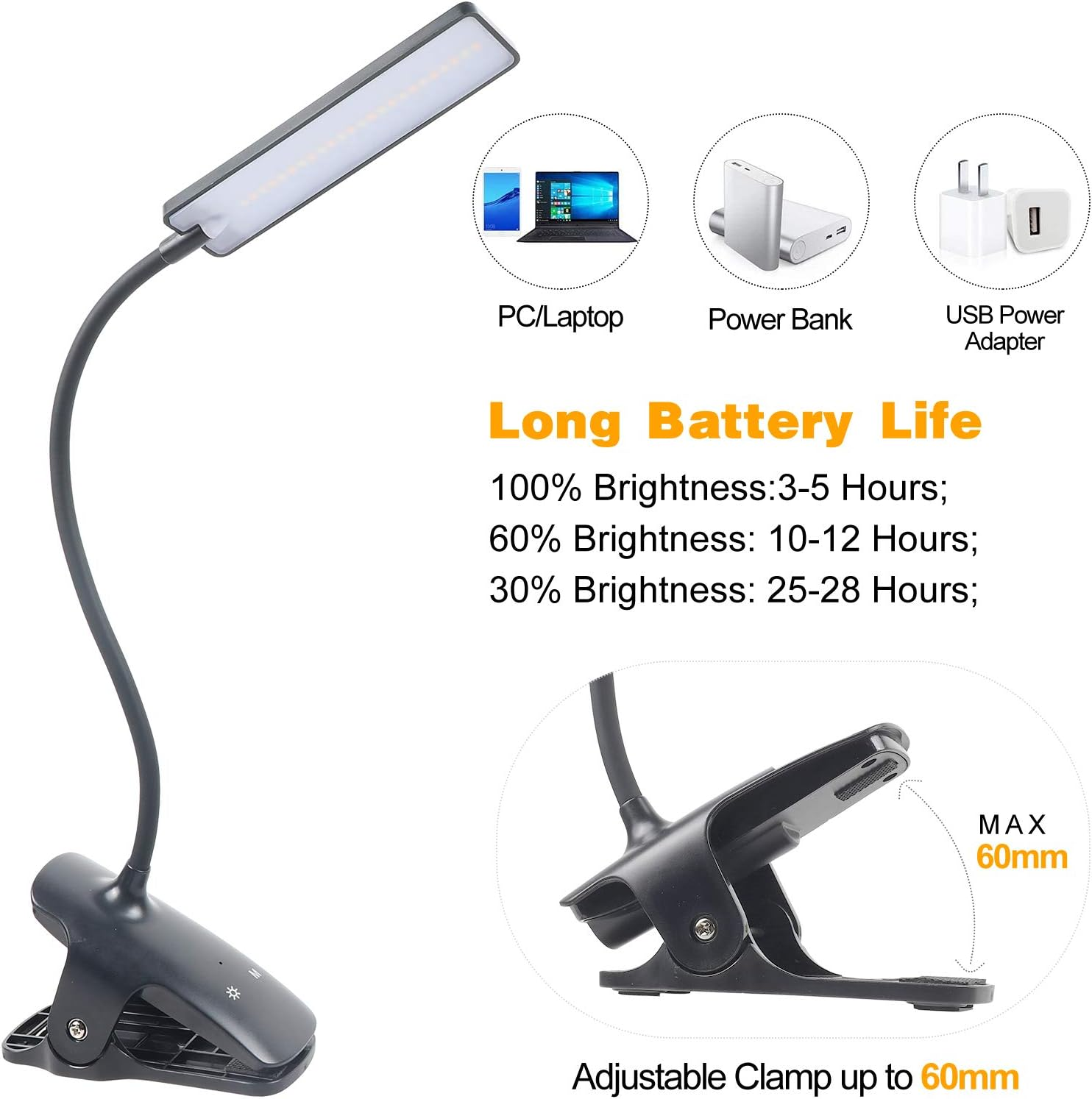 Clip-On 3 Mode 24 LED Book Light for Reading, Eye Care Night Light with Flexible Neck, Touch Control, USB Rechargeable Desk Lamp for Music Stand, Travel (Black) - White image number 7