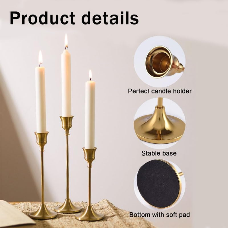 Taper Candle Holders Set,Vintage Modern Decorative Candlestick Holders for Home Decor, Dining, Party, Wedding(Gold,3Pcs) image number 2