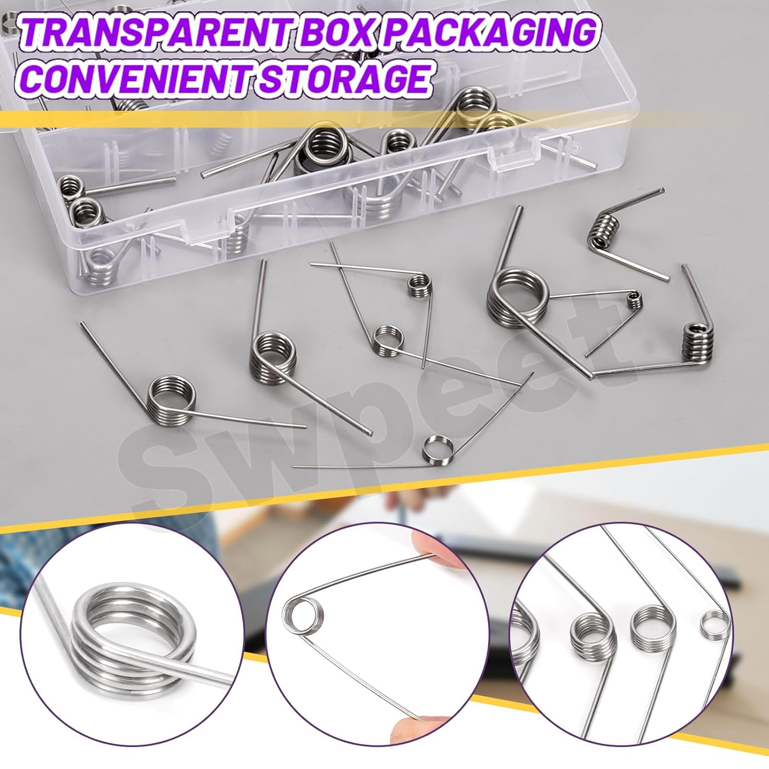 Swpeet 45Pcs 15 Sizes 45/90/120 Degree Stainless Steel Torsional Springs Assortment Kit, Mechanical Small Torsion Spring for Home Repair Woodworking DIY Project image number 1