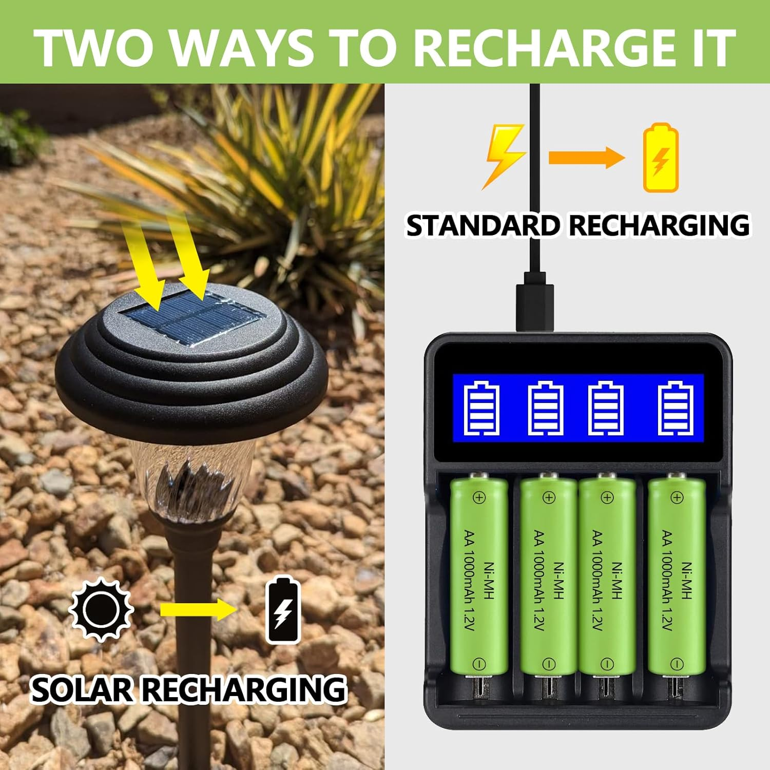 JINTION Rechargeable AA Batteries, Solar 1.2V Ni-Mh 1000Mah Double Battery High Capacity Low Self Discharge for Lights Lanterns Lamps, 8 Pack image number 6