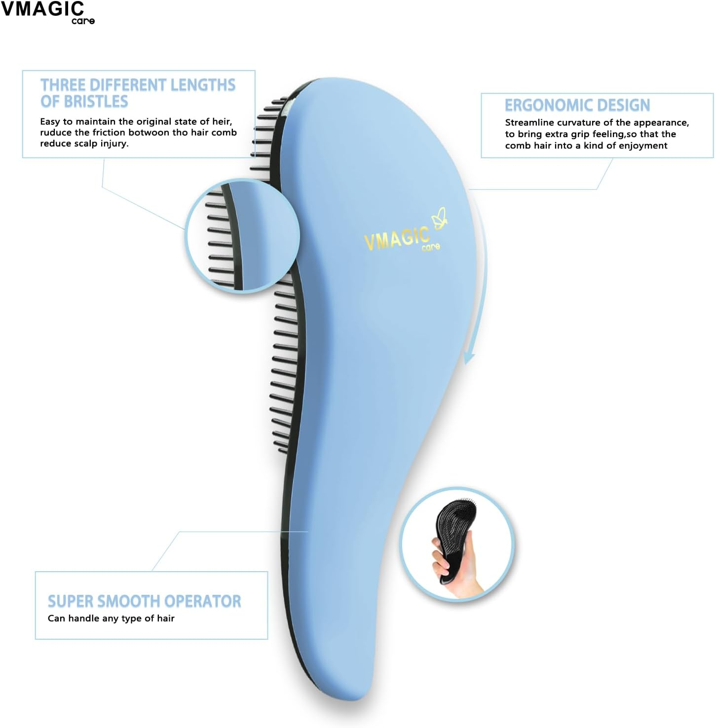 Detangling Brush - Glide the Detangler Brush through Tangled Hair - Best Brush/Comb for Women, Girls, Men & Boys - Use in Wet and Dry Hair (Skyblue) - Black,Rose image number 2