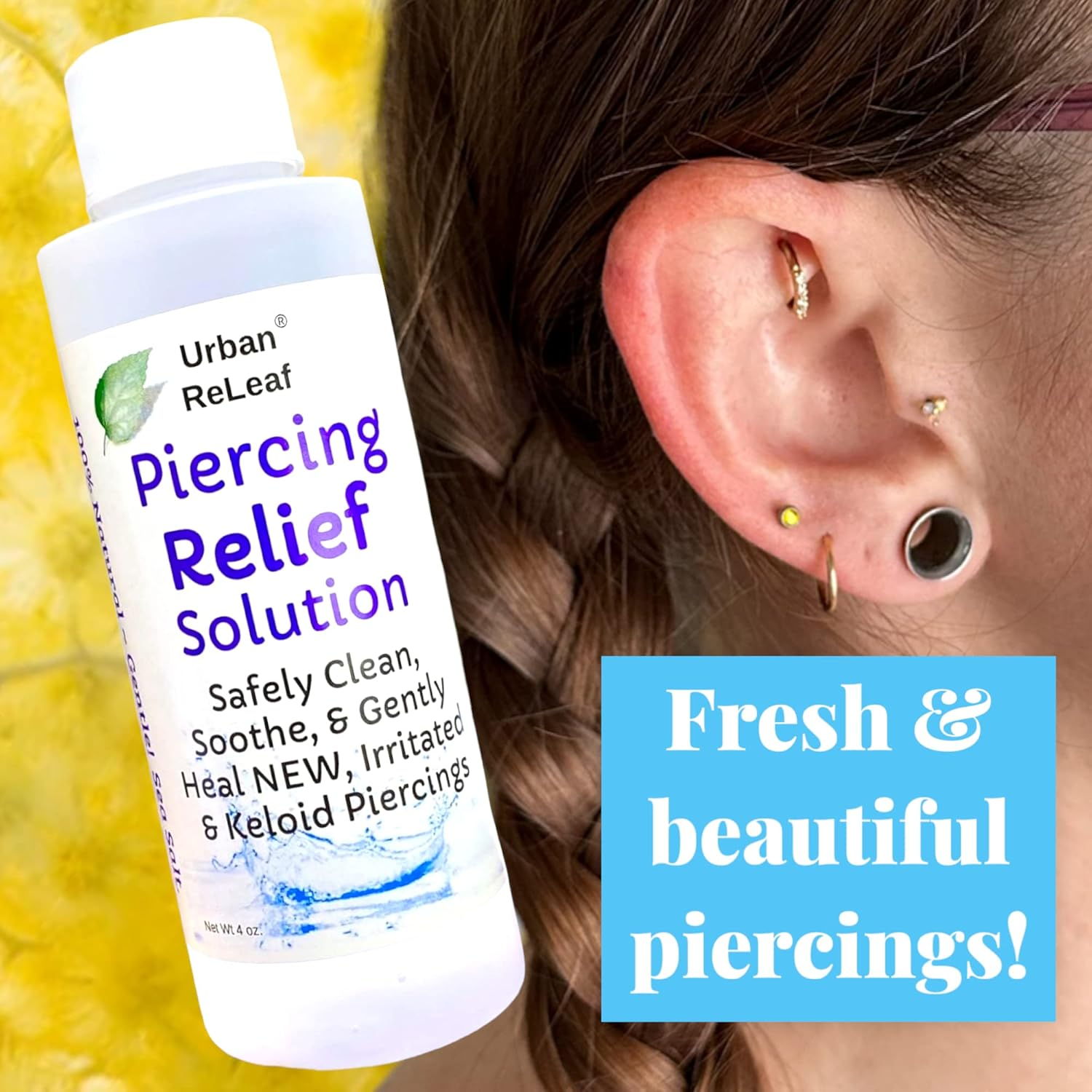Urban Releaf Piercing Relief Solution ! Safely Clean, Soothe & Gently Heal New, Irritated and Keloid Piercings. 100% Natural Sea Salt, Tea Tree, Rosemary