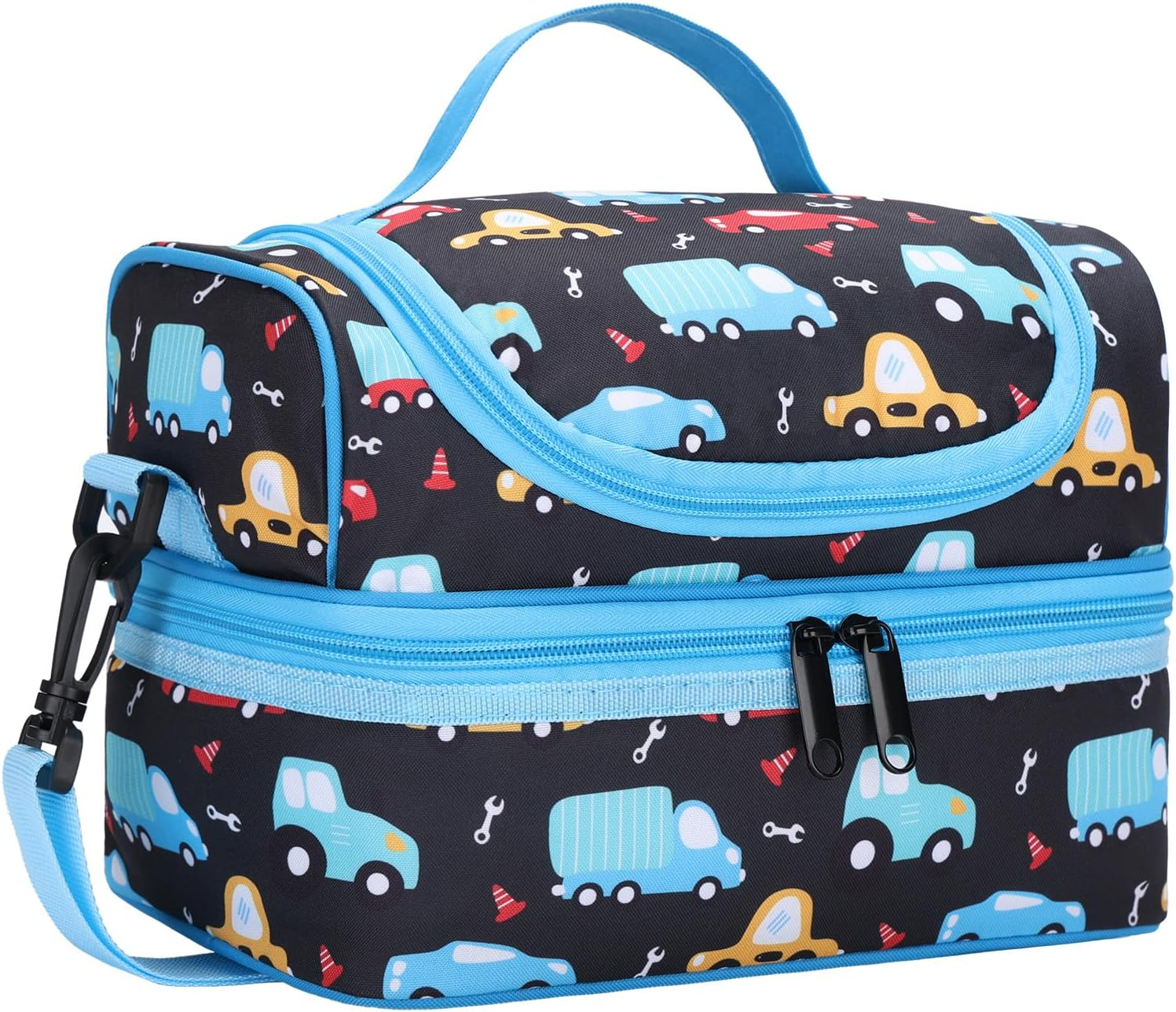 KASQO Lunch Box Bag for Kids, Insulated Lunch Bag Two Compartments Toddler Cooler Bag Lunch Tote Bag with Detachable Shoulders Strap for School Picnic， Blue Car
