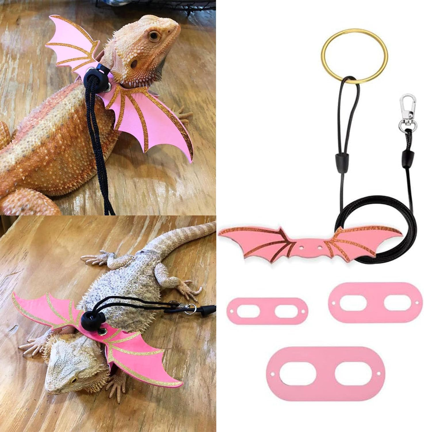 Bearded Dragon Lizard Leash Harness - Burgundy Bearded Lizard Winged Harness and Lead, Adjustable 3 Size Pack Burgundy Bearded Lizard Dinosaur Wing Harness Leash with Leader (Pink)