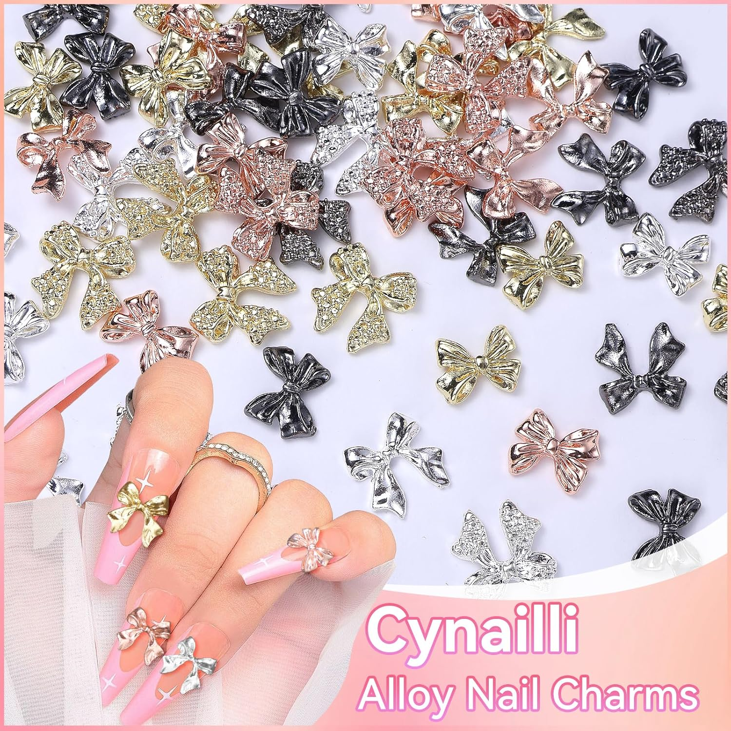 60 Pcs Metal Bow Nail Gems Charms, 3D Alloy Bow Bowkont Nail Charms for Acrylic Nails, 12 Styles Silver Gold Black Bows Nail Art Charms, Bow Nail Jewelry for Nails DIY Y2K Decoration image number 2