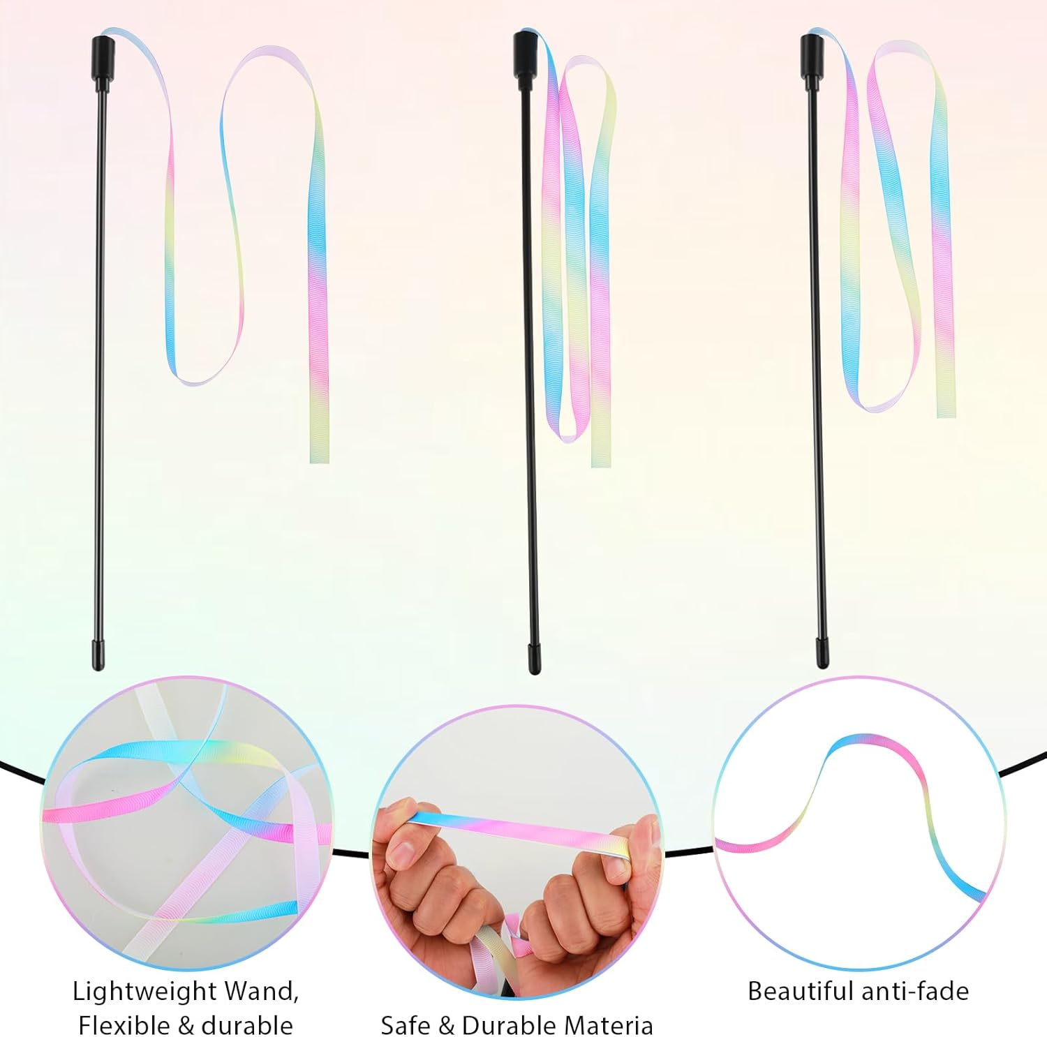 Bewudy Cat Wand Rainbow Toy, 3 Pieces 28 Cm Interactive Cat Wand with 60 Cm Rainbow Ribbon Cord Interactive Rainbow Band Wand for Kittens Cats Training image number 3