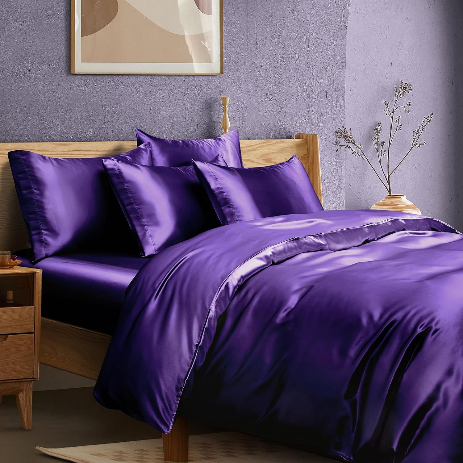 Manyshofu Royal Blue Satin Duvet Cover Set, Queen Size - 6Pc Bed Linen Set with Fitted Sheet & 4 Pillowcases