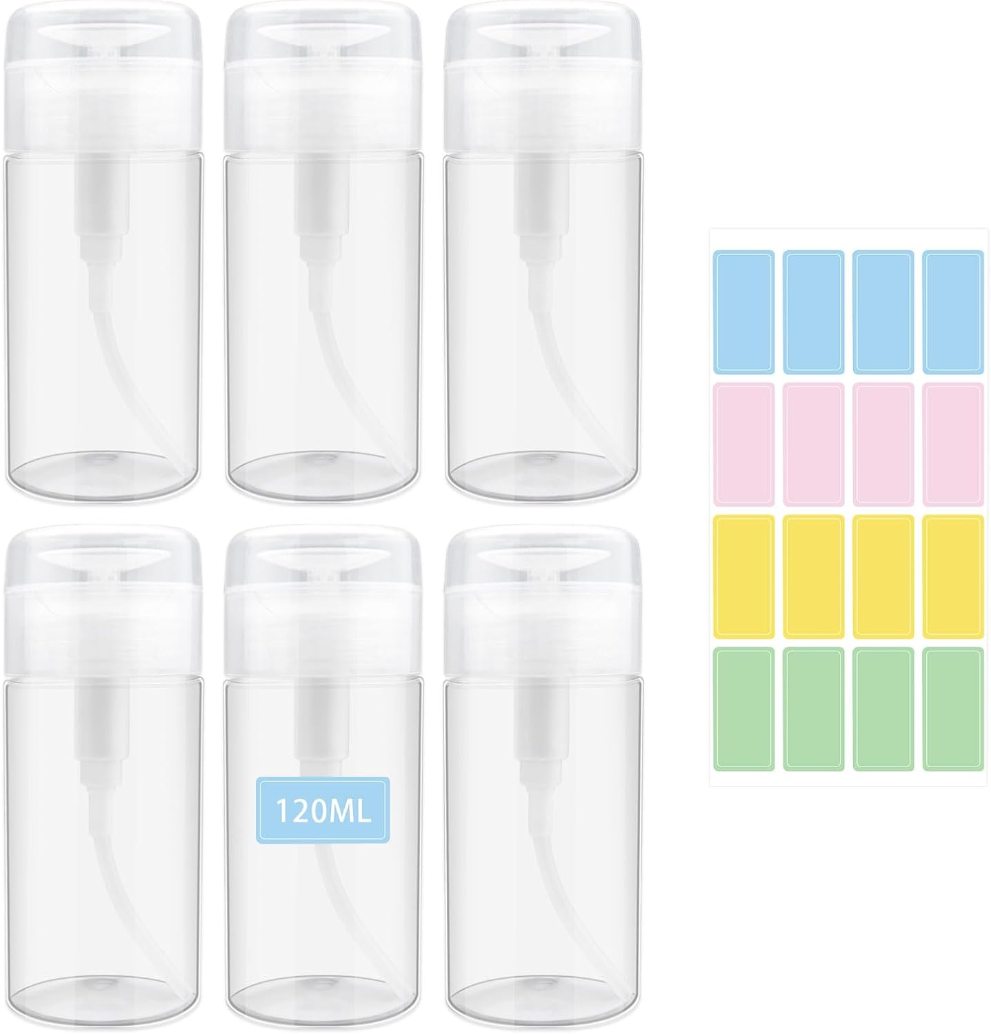 Modixun 6 Pack Nail Polish Remover Pump, Alcohol Dispenser Push down Lockable Bottle Empty Liquid Container with Stickers for Makeup Remover, Micellar Water, Toner, 120Ml image number 3