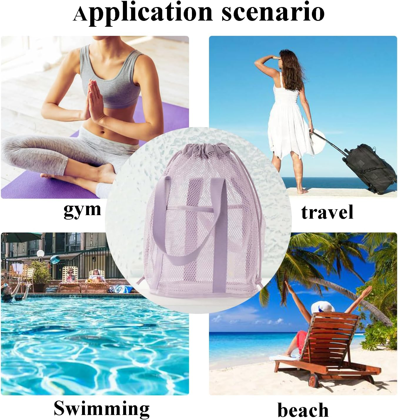 Portable Mesh Shower Caddy with Drawstring Pockets - Hanging Toiletry Bag for College Dorms, Travel, Gym & Camping, Quick-Dry Bathroom Organizer for Beach, Swimming, Essential Shower Tote (Purple) image number 2