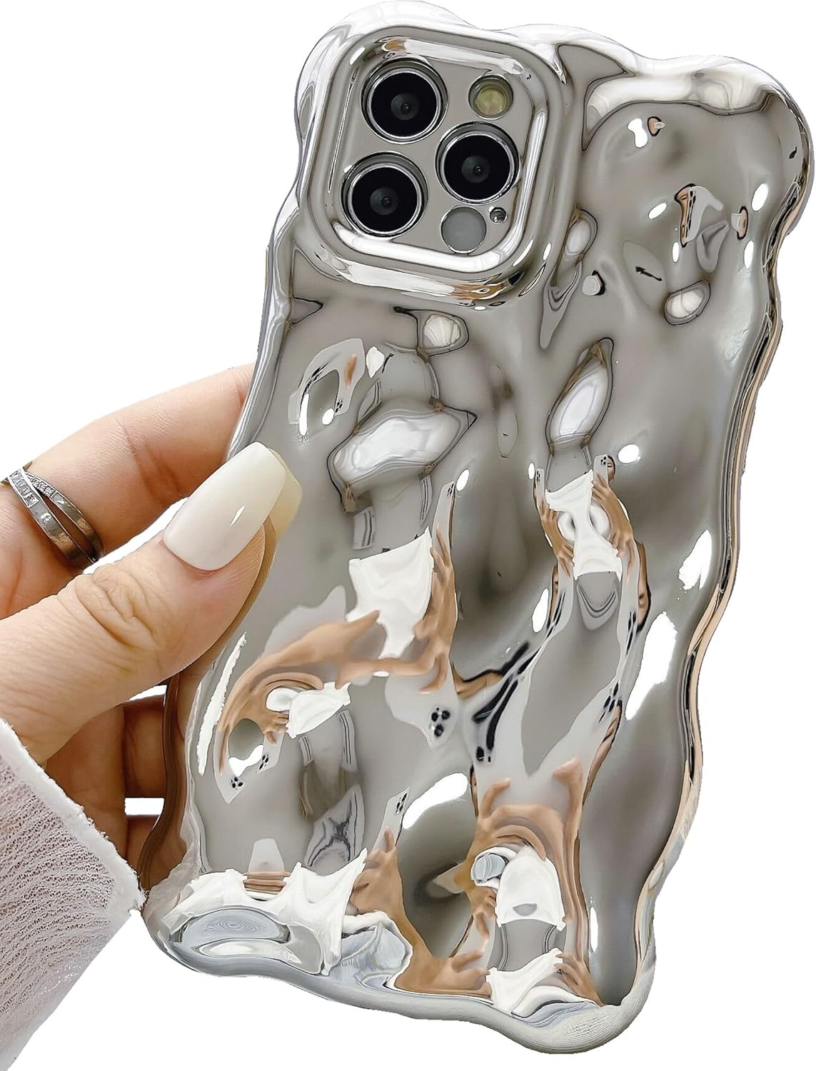 JANDM Case for Iphone 13 Pro Max,3D Wave Bubble Shape Ripple Chrome Pattern Soft Non-Yellowing Bumper Case Glitter Shiny Camera Shockproof Women Girls Cover Case for Iphone 13 Pro Max -Silver image number 2