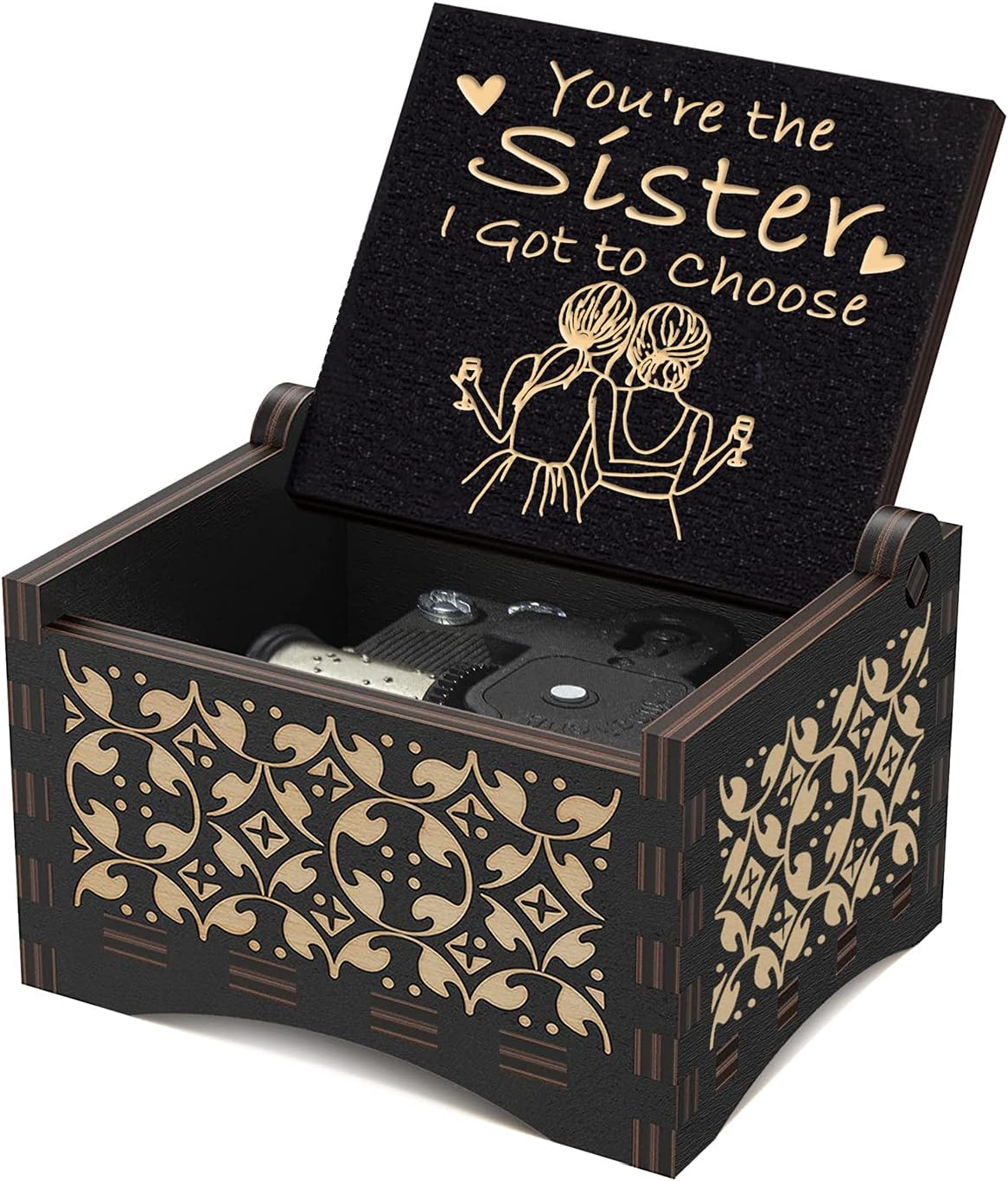 Side by Side or Miles Apart Mechanism Wood Music Box Mechanism Engraved Vintage You Are My Sunshine Tune Wooden Musical Box for Friend Sisters Women Girls Birthday Graduation