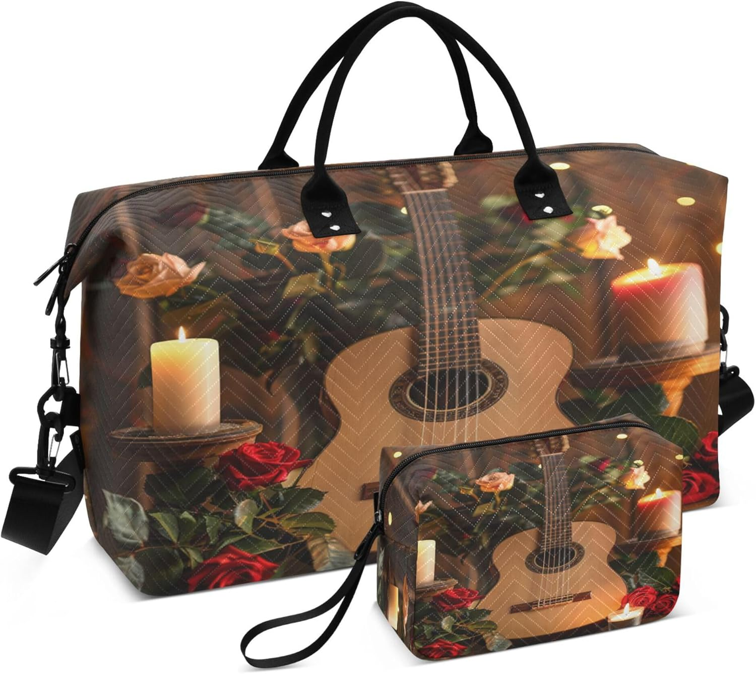 Large Travel Duffel Luggage Gym Tote Bag Carry on Weekend Bag with Adjustable Strap for Workout Multifunctional Vintage Style Guitar Roses Candles, Multi, One Size, Modern/Fitted, Multi, One Size, image number 3