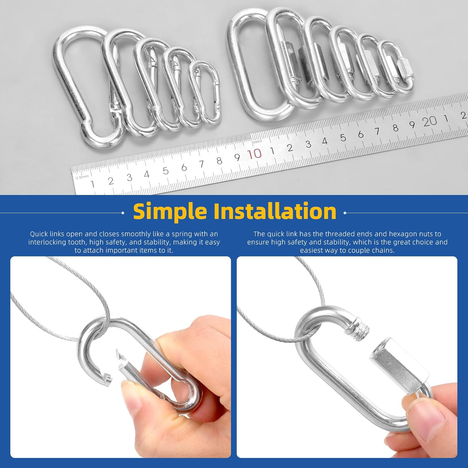 Glarks 30Pcs 2 Styles M3.5/4/5/6/7/8 Quick Link Chain Connector and Spring Snap Hooks Carabiner Set, 16Pcs D Shape Locking Carabiner and 14Pcs Spring Carabiner Clips for Camping, Riging image number 2