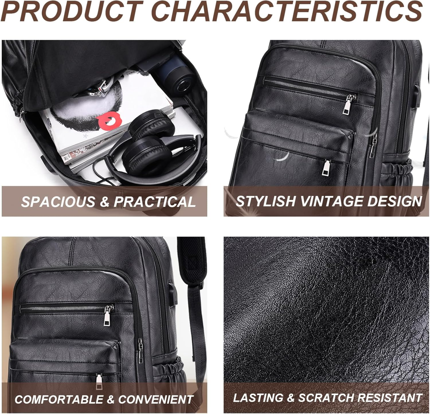 Leather Backpack for Men, 11X15.7Inch Vintage PU Leather Backpack with Multi-Pockets, Waterproof Shoulder Daypacks for Business Travel Hiking image number 3