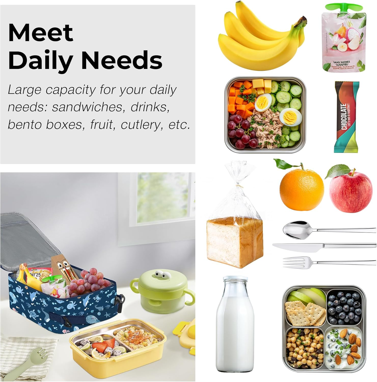 Clastyle Blue Sea Animals Insulated Lunch Bag for Kids, Portable Large Thermal Cooler Lunch Bag for Boys, School Lunch Box Bag with Bottle Holder image number 5