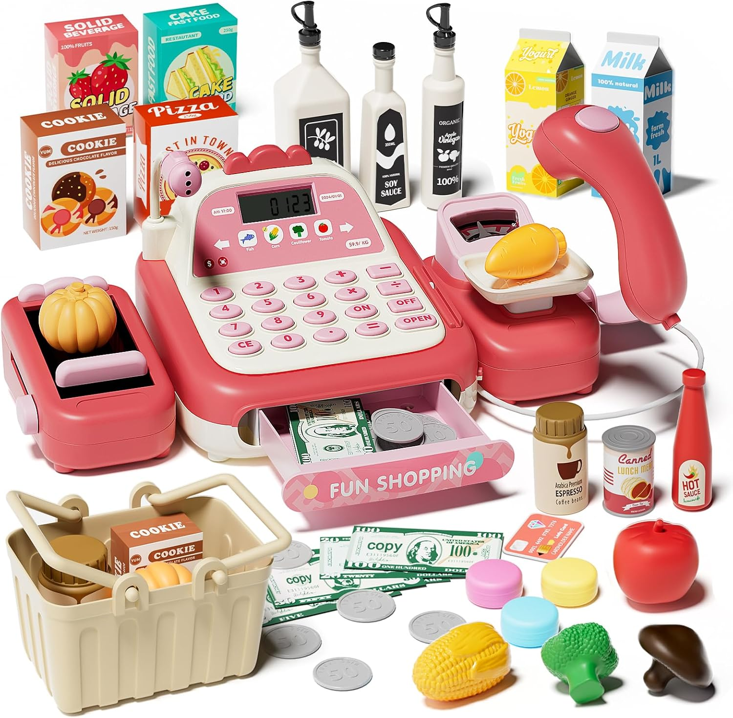 STACTCUTE 49PCS Pretend Play Cash Register Toy Set for Kids with Real Calculator,Scanner,Microphone,Conveyor Belt,Weighing Tool,Cashier Playset Realistic Gift for Toddler Kid Ages 3 4 5 6 7 8（Pink） image number 2