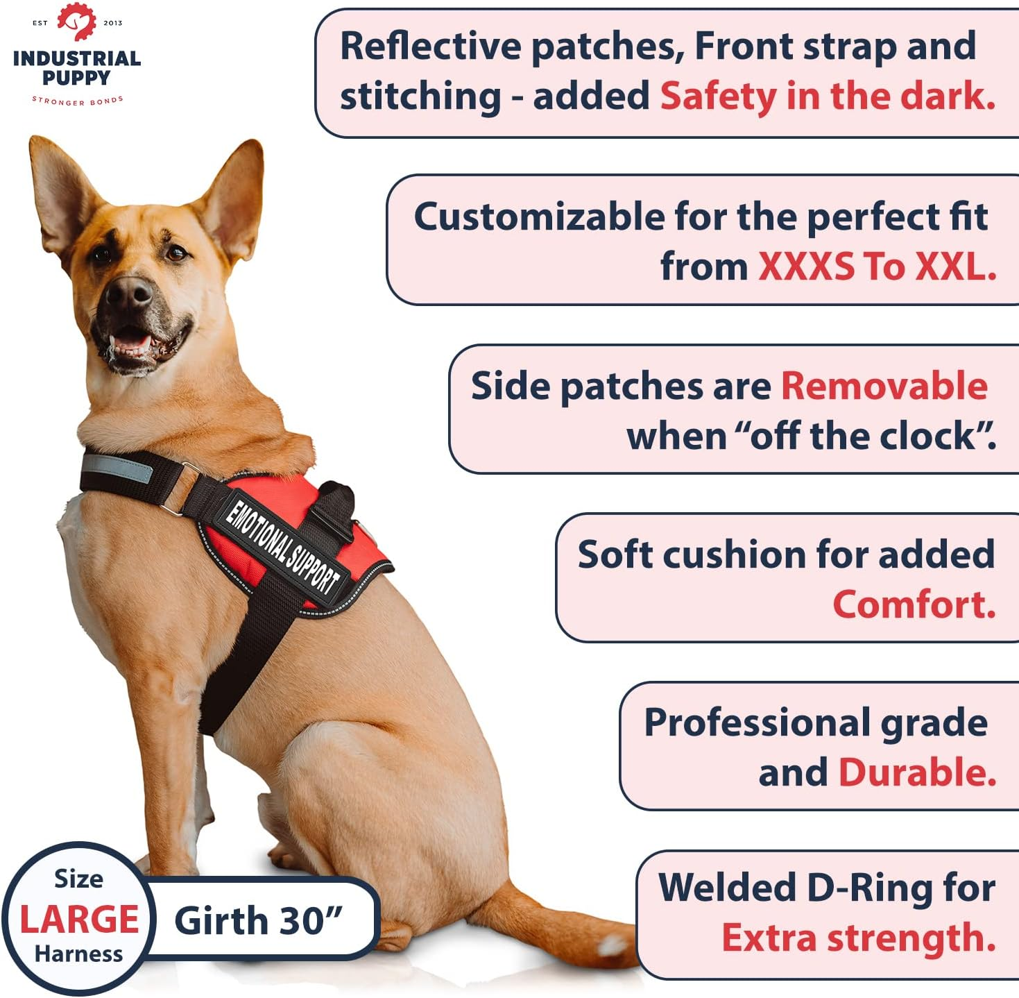 Heavy Duty Emotional Support Dog Vest Harness with Reflective Straps, Interchangeable Patches & Top Handle - ESA Dog Vest in 8 Sizes, Durable Service Harness for Working and Support Dogs image number 6