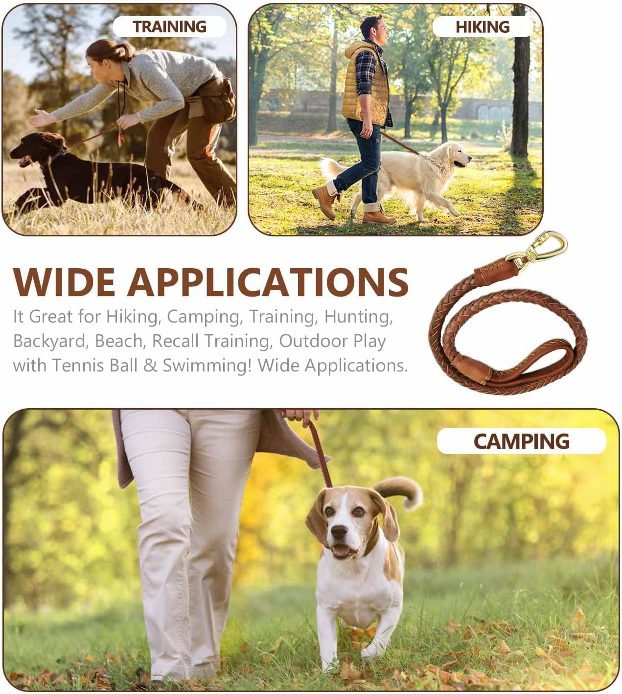 Vivi Bear Braided Genuine Leather Dog Leash 3.6Ft Long Durable Pet Walking Dogs Training Lead for Large Dogs - Brown - 1Inch Wide image number 1