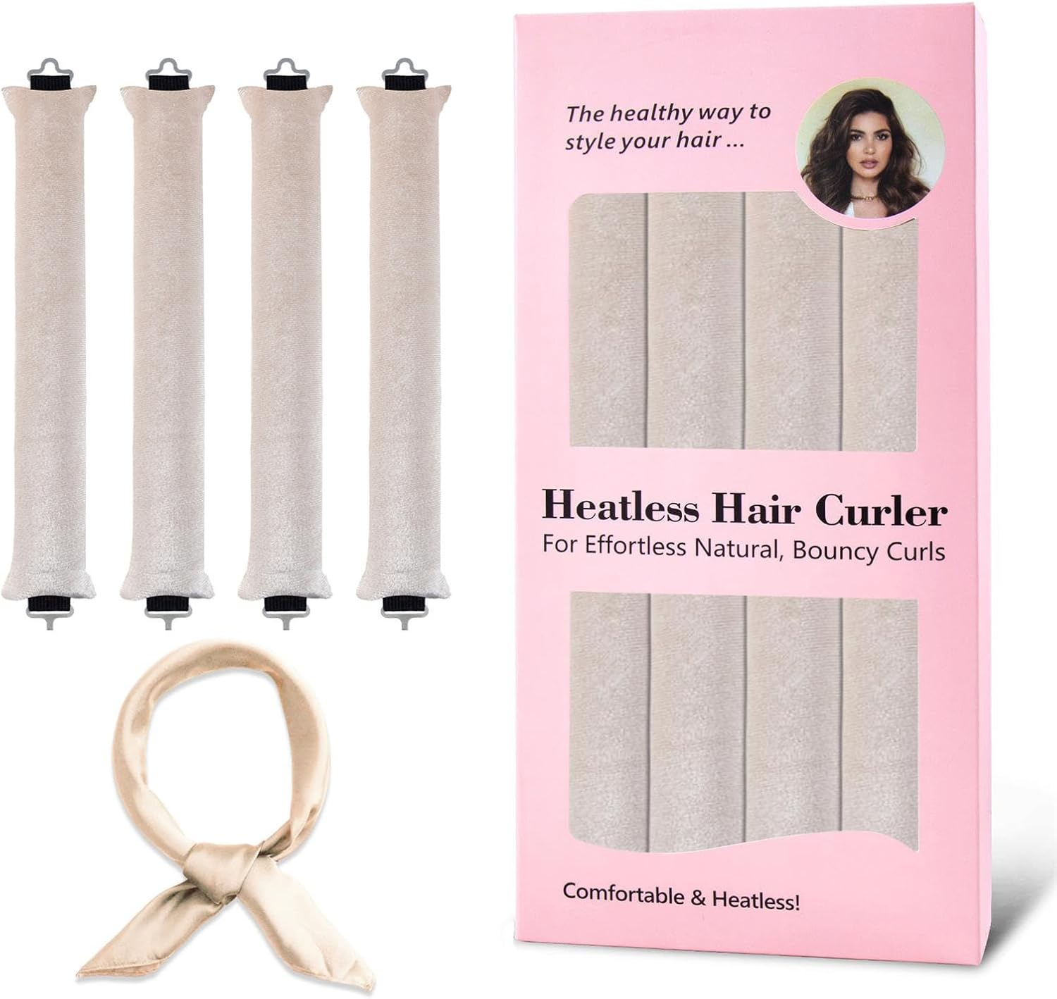 Heatless Hair Curler Rod Headband for Styling Tools, Sleep Overnight Curling Rollers Set, 4 Pack Khaki Color Rods with One Silk Head Scarf