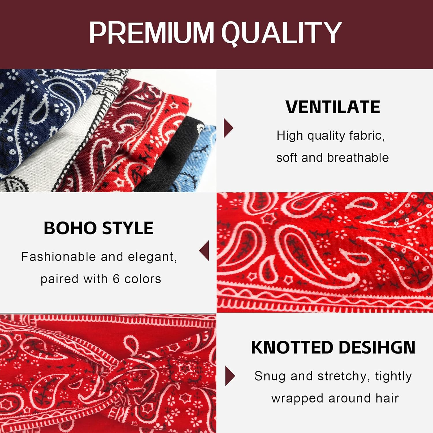 Pack of 6 Multicoloured Wide Headband Headscarves, Summer Boho Headband Print Hair Accessories, Durable Hair Bands, Women'S Wide Elastic Soft, Yoga Sports Hair Band, Multicoloured for Women and Girls image number 2