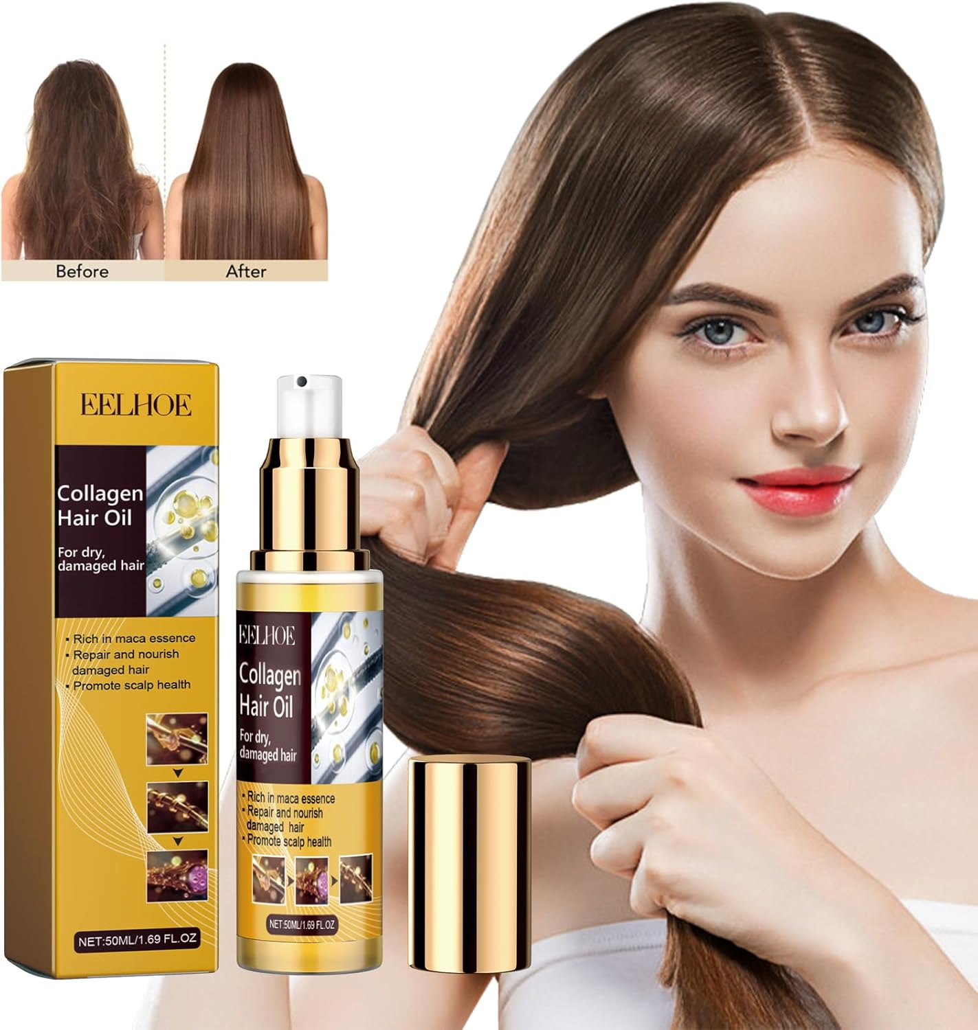 Collagen Hair Oil Repair Split Ends - Strengthens Hair Elasticity, Deep Moisturizing for Dry Damaged Hair, Adds Volume & Thickness with Pro-Vitamin Blend, Fast-Absorbing & Frizz-Free image number 1